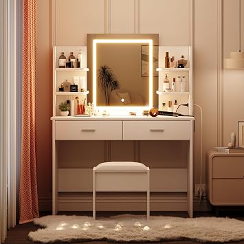 Makeup Vanity Desk with LED Mirror | Vanity Set with Outlets, Storage Drawers & Stool | Large Dressing Table Charging Station for Women | Bedroom Vanity Organizer, White