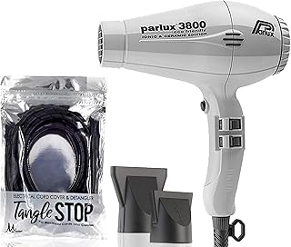 Parlux 3800 Eco Friendly Ionic & Ceramic Silver Hair Dryer and M Hair Designs Tangle Stop Cord Cover Detangler Black (Bundle 2 Items)
