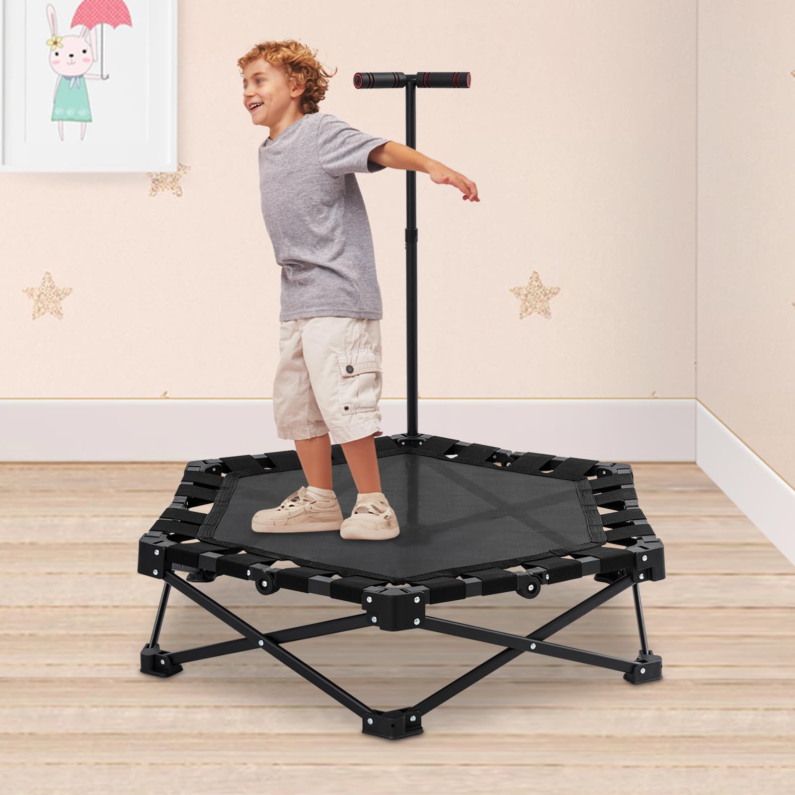 Trampoline de fitness pliable de 120 cm, trampoline d'entraînement hexagonal, charge maximale 130 kg, petite poignée réglable, hauteur réglable, pour adultes