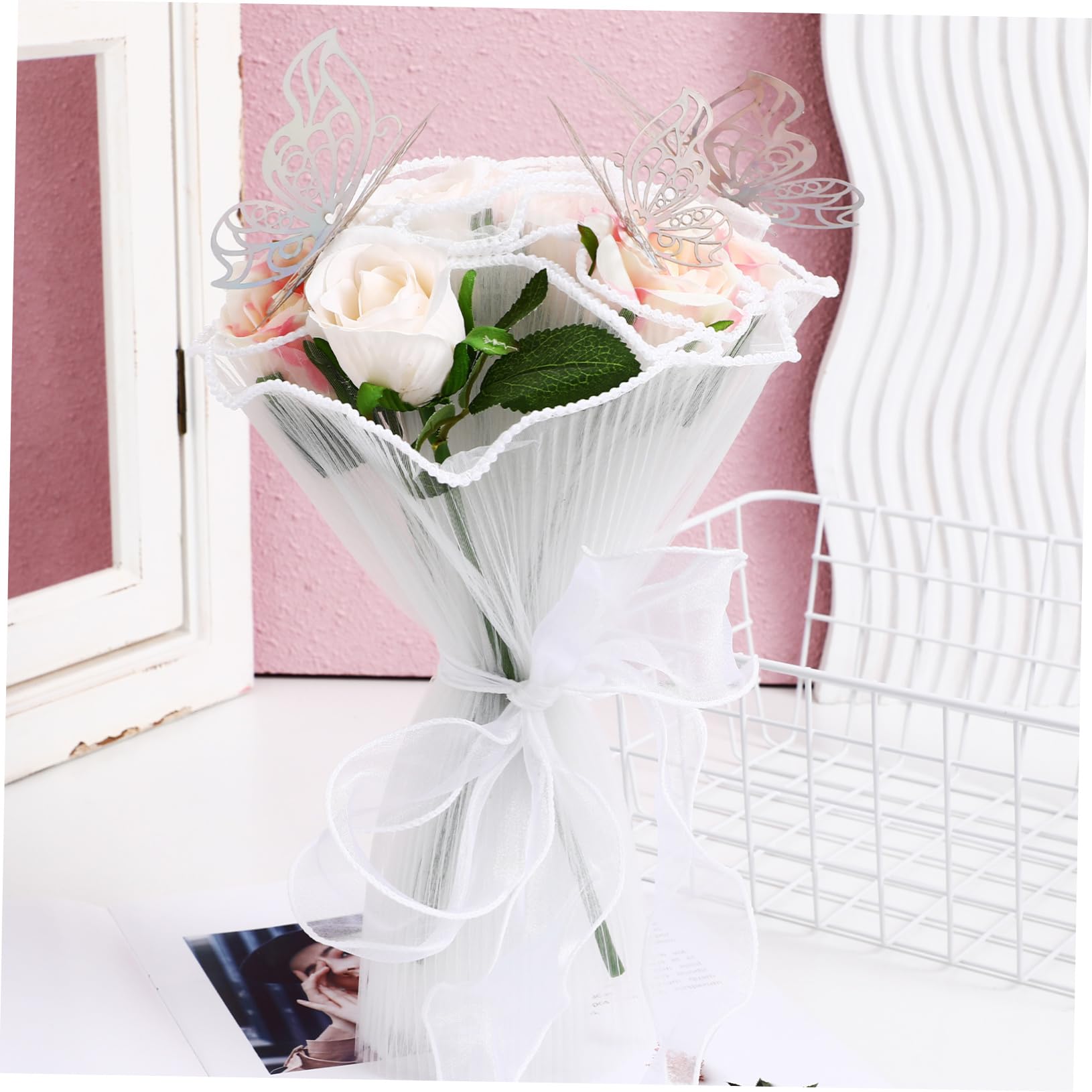 DOITOOL Butterfly-decorated Floral Packaging Kit Mesh Paper Ribbon for Multiple Occasions