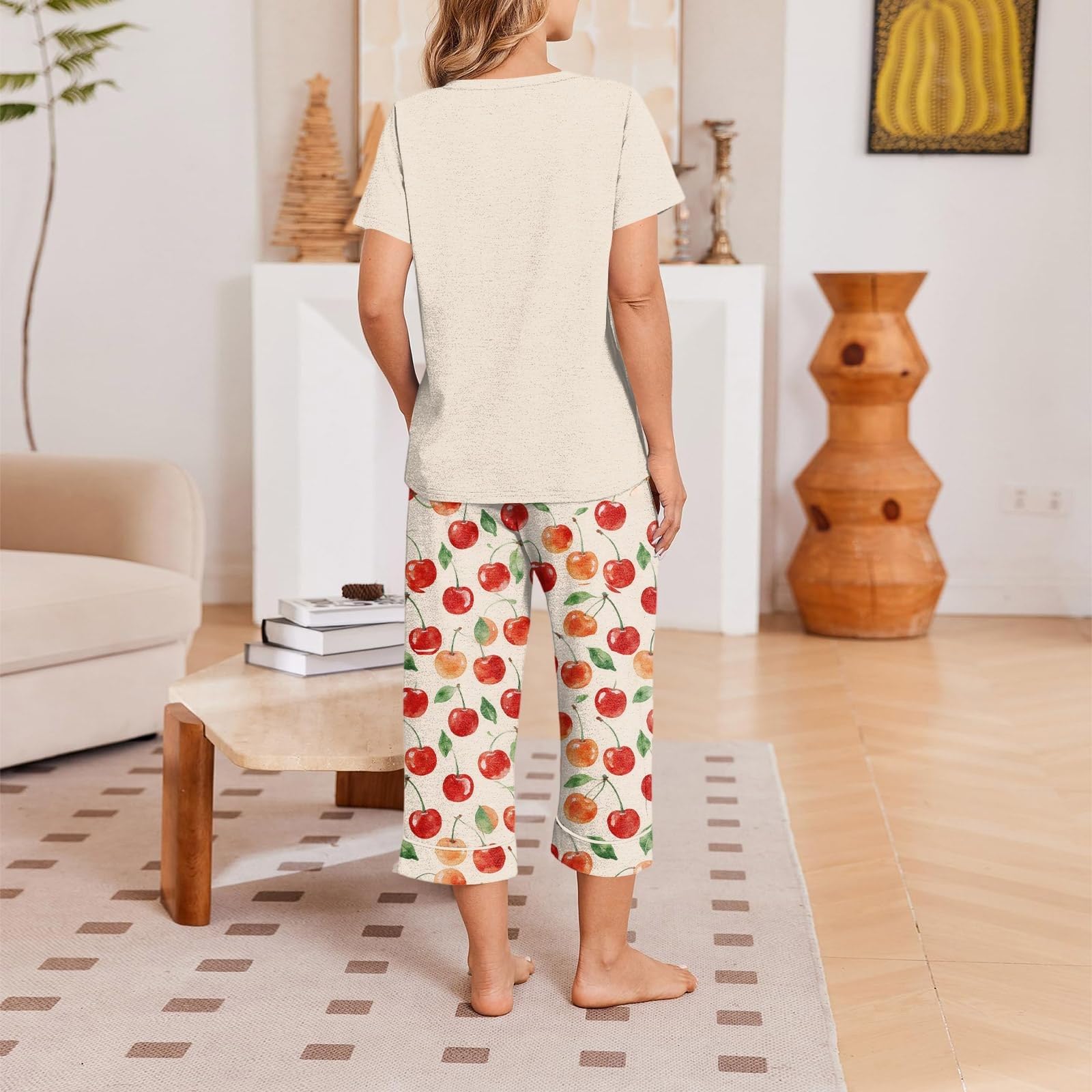 Generisch Schlafanzug Damen 3/4 Hose Set mit Taschen Sommer Baumwolle Klassisch Modischer Blumendruck Nachtwäsche Zweiteiliger Hausanzug Leicht Schlafhemd Freizeitanzug