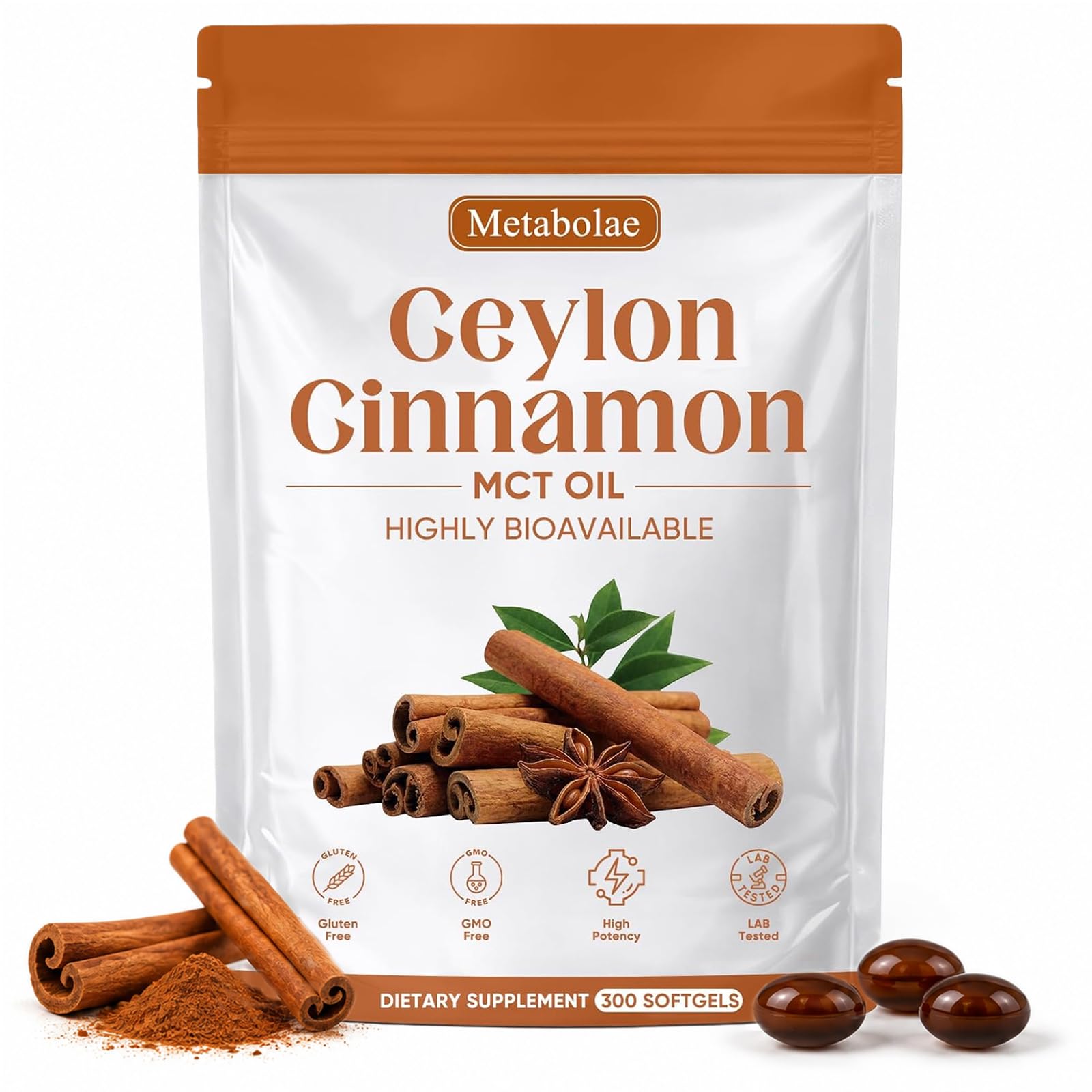 Metabolae Ceylon Cinnamon SoftGels with MCT Oil, Highly Bioavailable Herbal Extract, Non-GMO, Gluten Free - 300 Softgels (1pcs) 300 Count (Pack of 1)