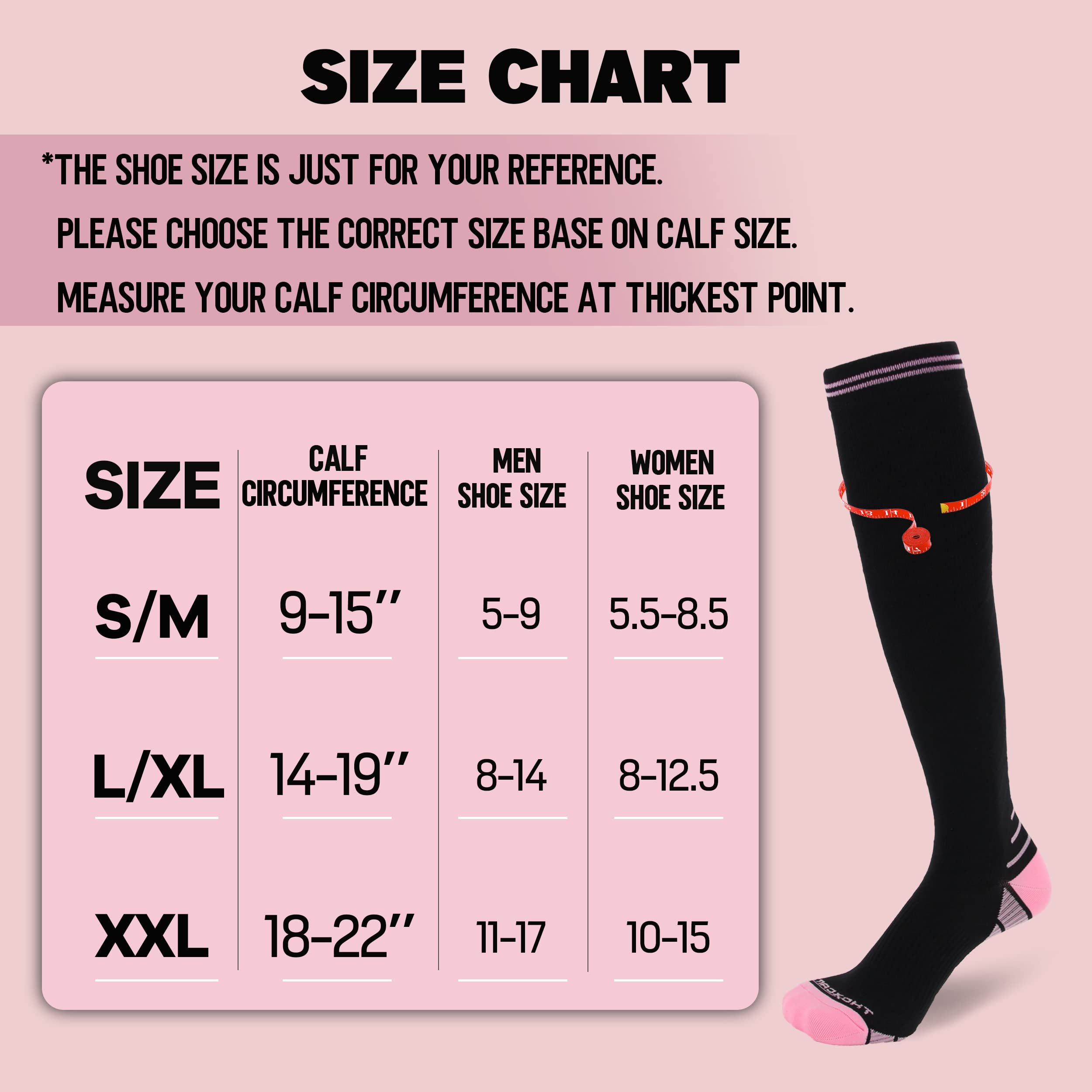 Calcetines de compresión para mujeres y hombres, graduados 20-30 mmHg calcetines de circulación hasta la rodilla con soporte de arco para deportes médicos, 1 par, negro/rosa, Large/X-Large