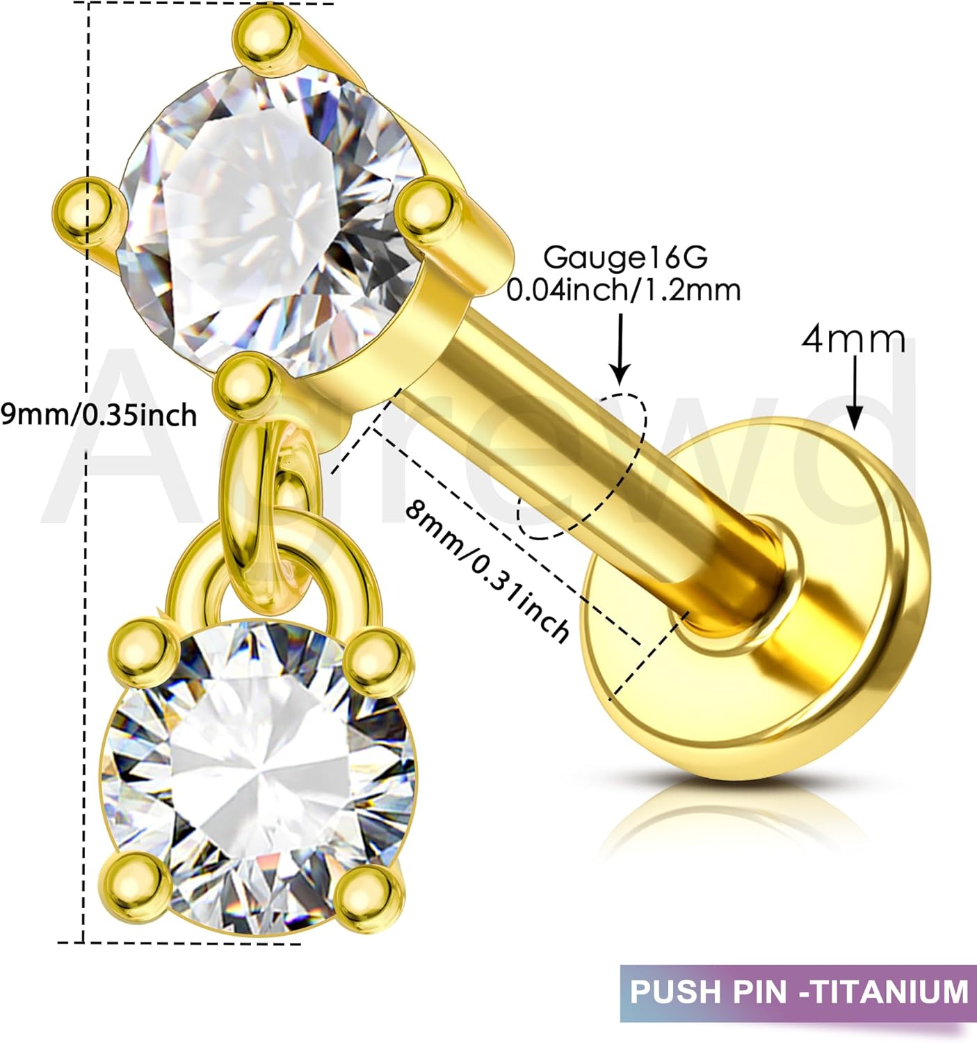 G23 Solid Titanium Flat Back Earrings 16G Gold Plated Cartilage Earrings Stud Push in Helix Earrings for Women Men Dainty Helix Piercing Jewelry 6/8MM - Image 4