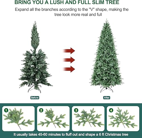 Miniatura 9 de Árbol de Navidad de abeto delgado de 6 pies con 935 puntas de ramas mixtas de polietileno y PVC, árbol de Navidad artificial sin luz con 31 piñas,