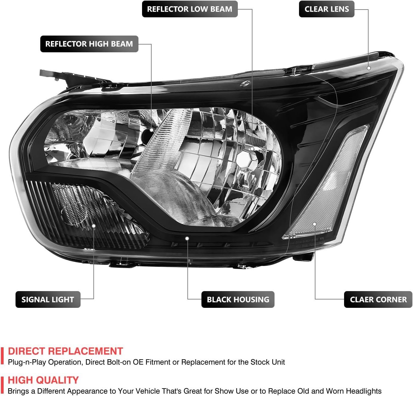 DNA MOTORING Pair of Headlight Assemblies Compatible With Ford Transit 150 250 350 2015-2023 Black Clear, HL-OH-FTSC15-BK-CL1