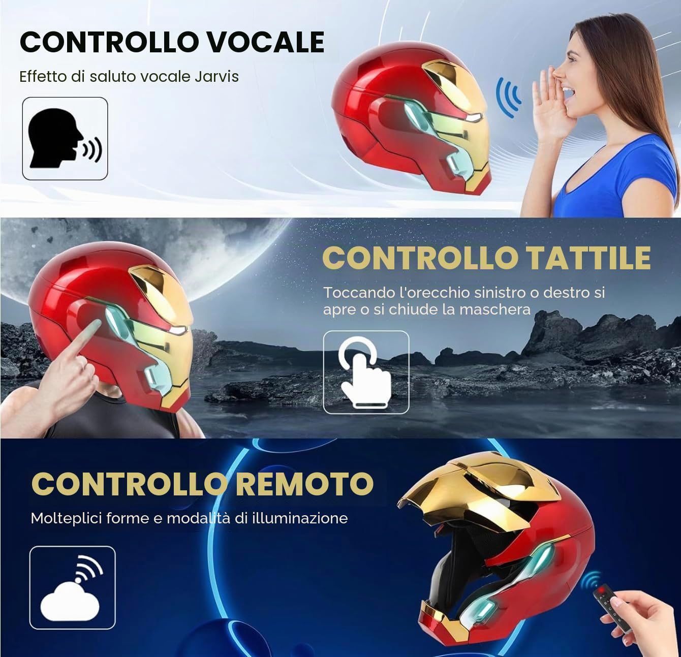 Casco portatile MK 50 1:1 - Voce, tatto e telecomando con occhi LED, effetti sonori realistici, pannelli mobili di schiena e orecchie, perfetto per cosplay e figure da collezione