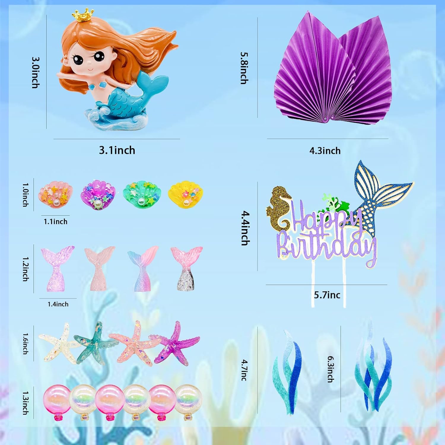 ZWLIYCHN Mermaid Cake Topper 24Pcs, Mermaid Cake Decorations with Ariel, Palm Leaves, Sea Animals & Balls - Image 3