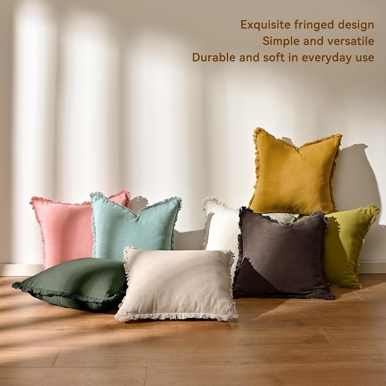 AmHoo Pack of 2 Linen Pillow Covers with Tassels Fringed Decorative Rustic Natural Throw Pillowcase Cushion for Couch Sofa Bedroom 18 x 18-Inch Brown - Image 5