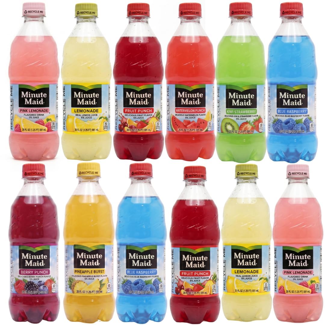 Minute Maid 20oz Variety Pack Bottles – 8 Flavor Assortment (Fruit Punch, Lemonade, Pink Lemonade, Watermelon Punch, Kiwi Strawberry, Blue Raspberry, Berry Punch, Pineapple Burst) – Bulk Grab-and-Go Beverage Pack