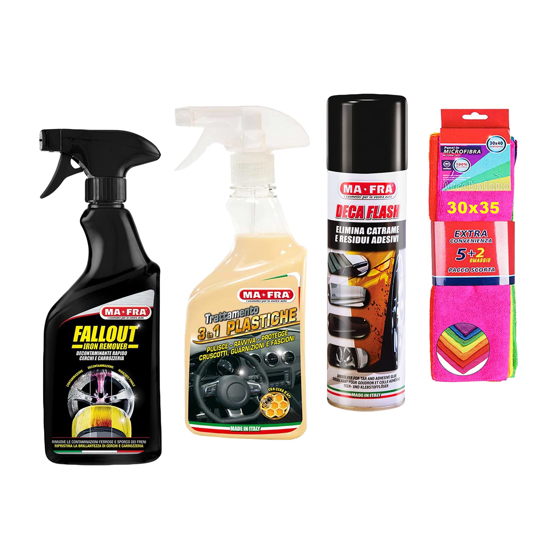 Set MAFRA fallout, trattamento plastiche 3in1, deca flash più confezione di 7 panni in microfibra 30x35 cm