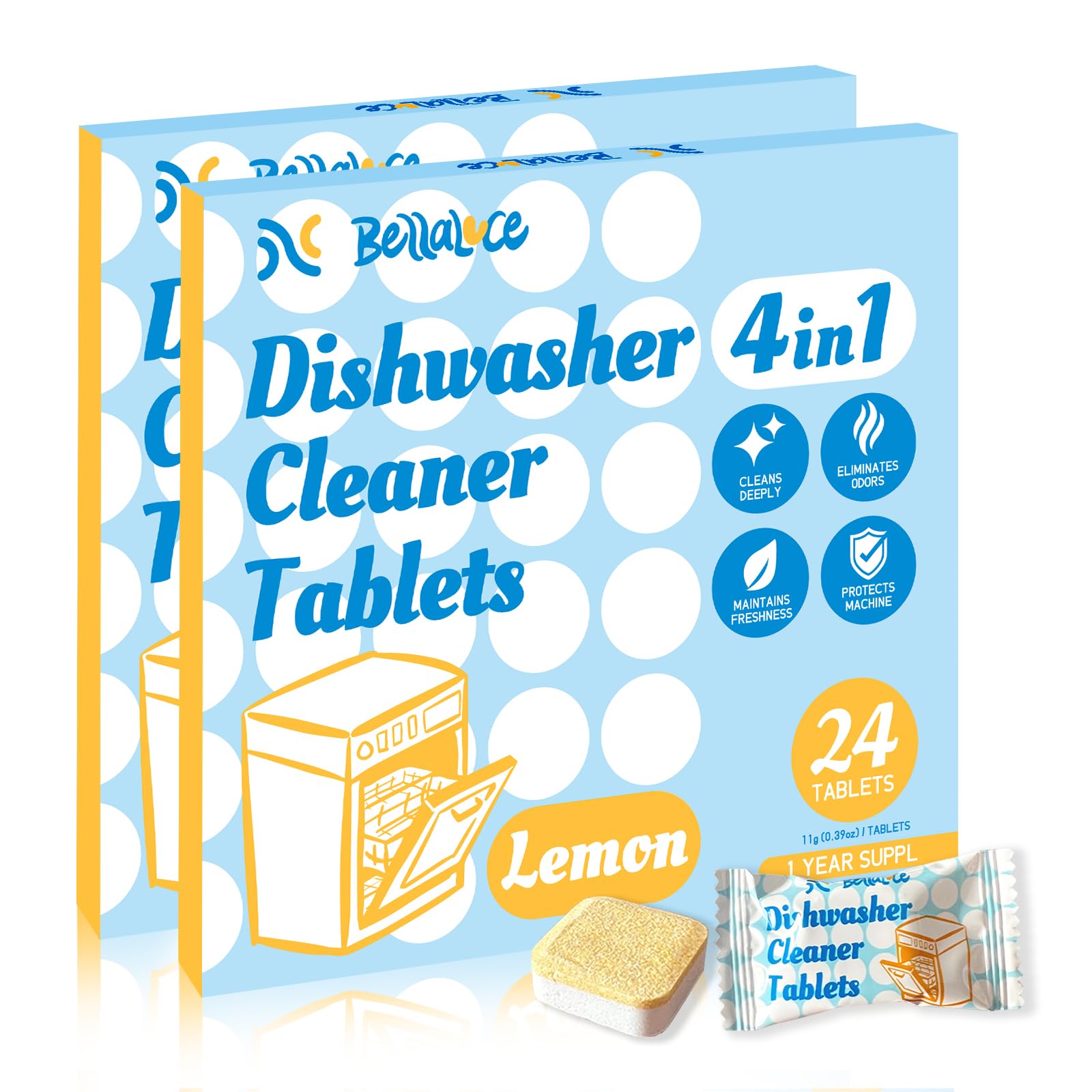 Bellaluce Dishwasher Cleaner Tablets, Lemon Scent, 48 Pack