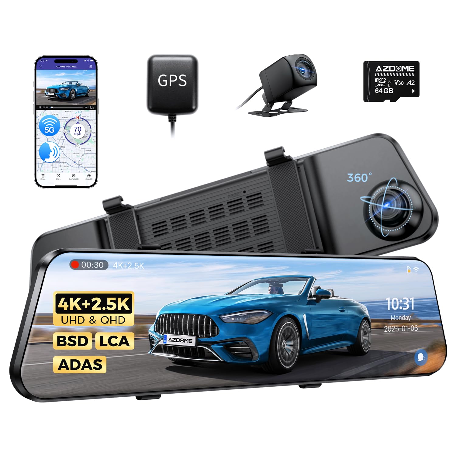 AZDOME Cámara para salpicadero de coche con espejo 4K, parte delantera y trasera de 2,5 K, cámara de coche WiFi 5G, tarjeta de 64 GB incluida, cámara de salpicadero de visión nocturna, GPS, control