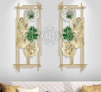 DSH CRAFTING YOUR CURIOSITY Metal Wall Decor Sculpture Leaf Framed (Set Of -2) Wall Art Gold & Green Rectangle Shape For Decoration