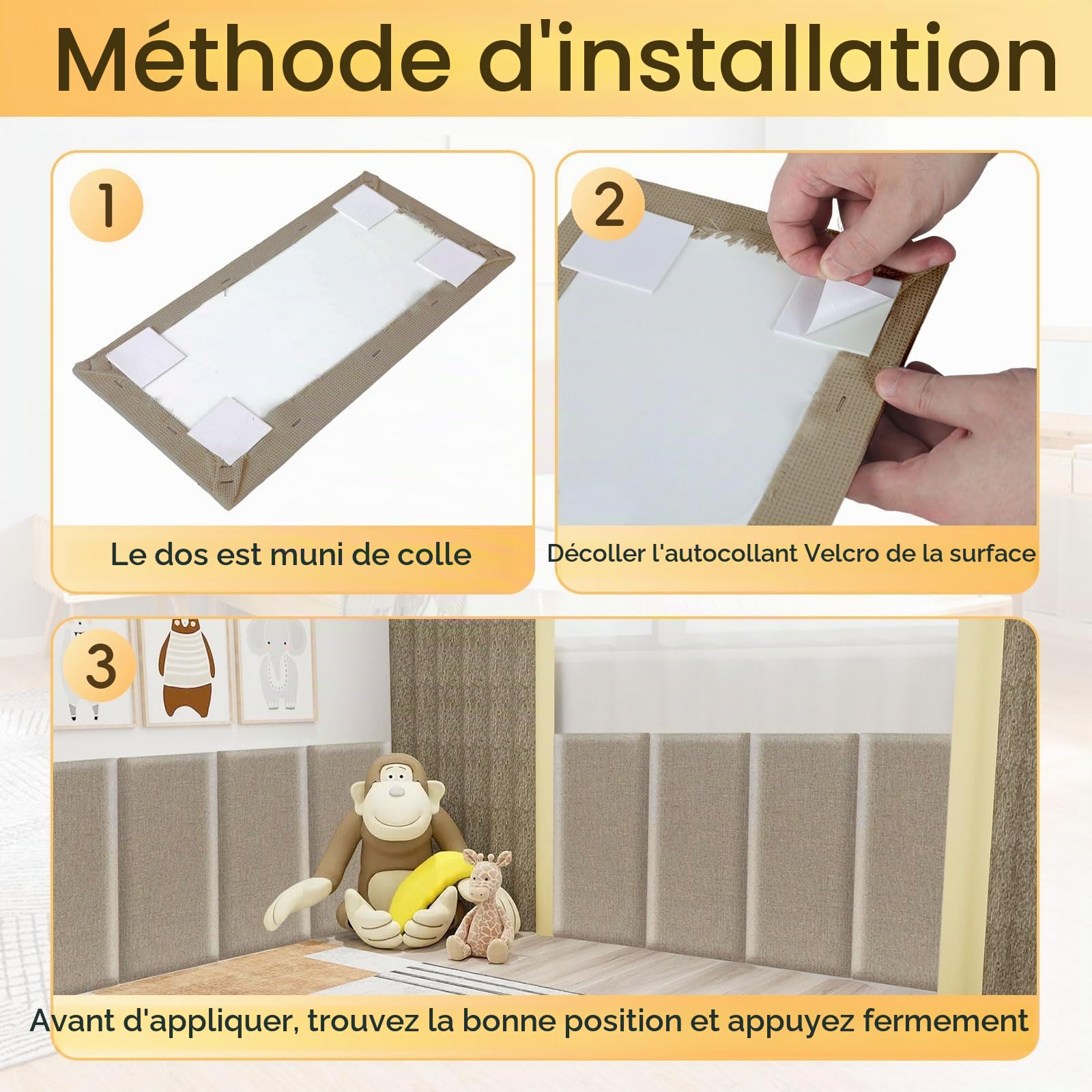 Lot de 4 panneaux muraux rembourrés, 40 x 20 cm, auto-adhésifs, pour tête de lit, chambre d'enfant, chambre à coucher et bureau, rembourrage doux, marron clair