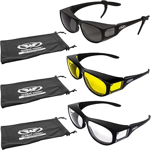 Global Vision Escort Advanced System - Gafas de seguridad que se adaptan a la mayoría de las gafas, 3 pares de cerraduras de goma transparente y