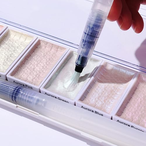 Miniatura 3 de Tinge Aurora - Juego de pintura de acuarela, 8 colores con purpurina, acuarelas metálicas con 1 pincel de agua para artistas, estudiantes, escritura