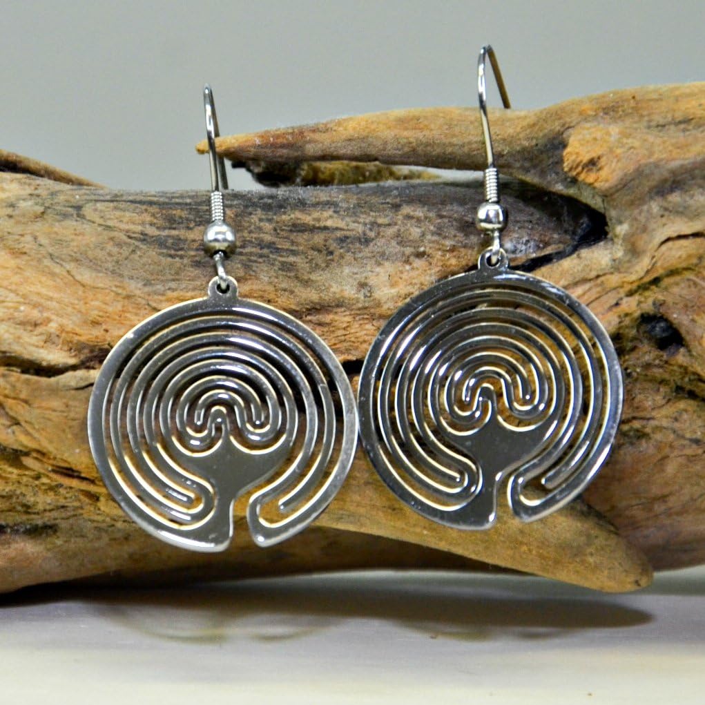 Silver Dangle Earrings with Designer Drop Finger Labyrinth Cut Out Pendant, Hypoallergenic Fish Hook for Women & Girls with Sensitive Ears, Bonus Rubber Backs + LabyrinthLady Coloring BookA Gift Idea