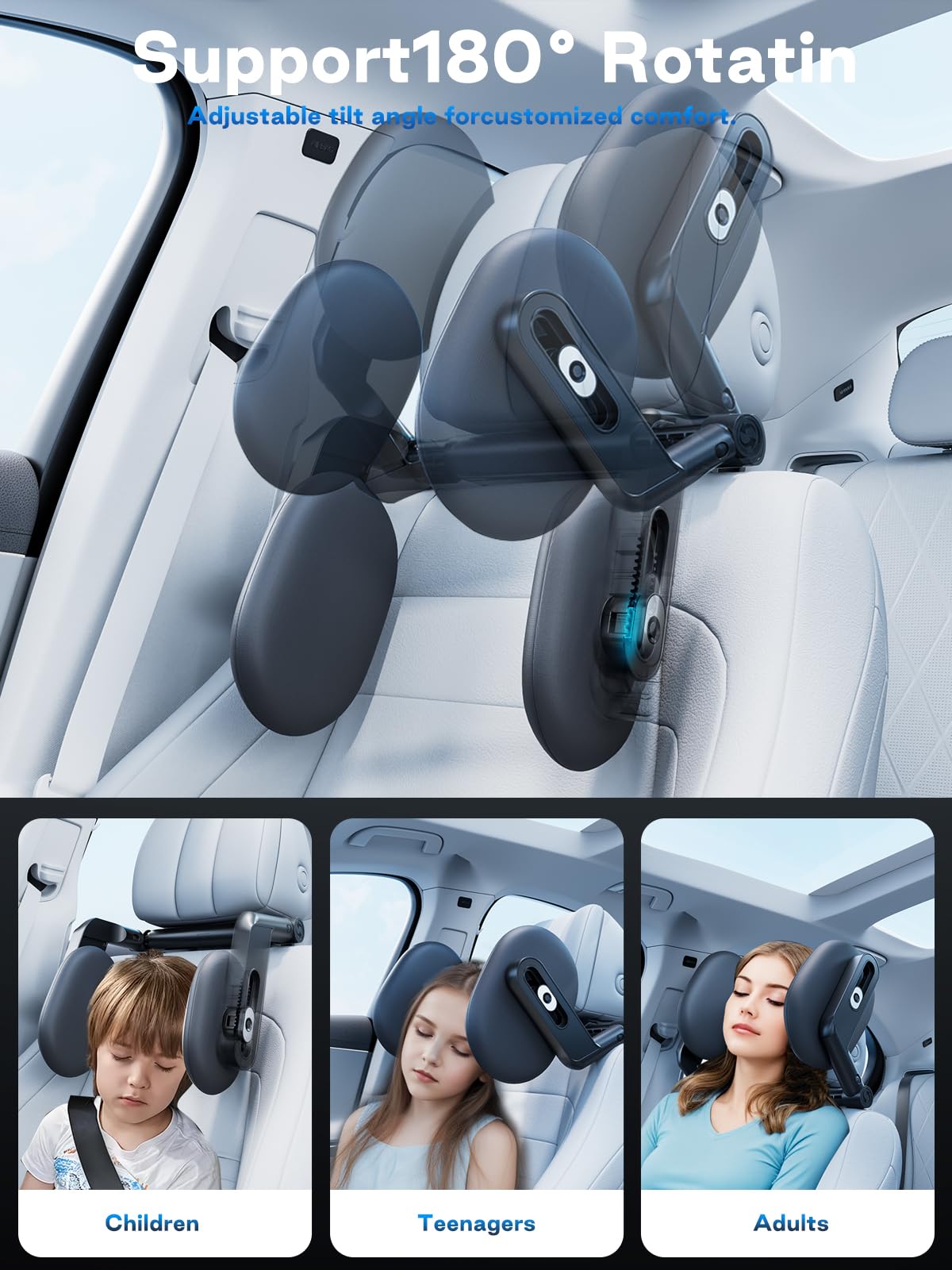 Poggiatesta per auto per bambini in schiuma memory traspirante, ruotabile a 360°, con connessione a tre punti Poggiatesta regolabile, poggiatesta per auto per viaggi a lunga distanza
