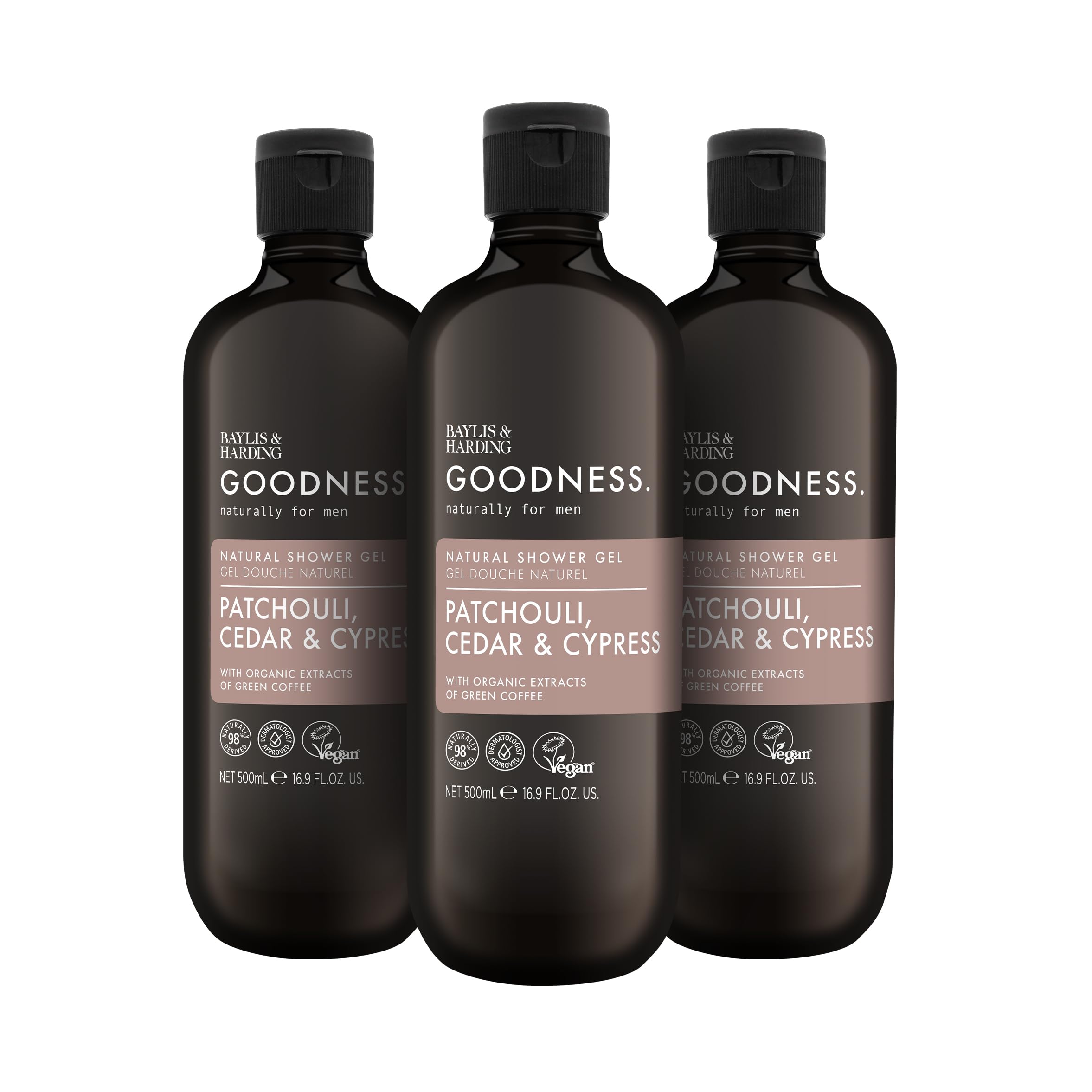 Goodness Men's Patchouli, Cedar & Cypress Natural Shower Gel, 500 ml - Vegan Friendly (Pack of 3)