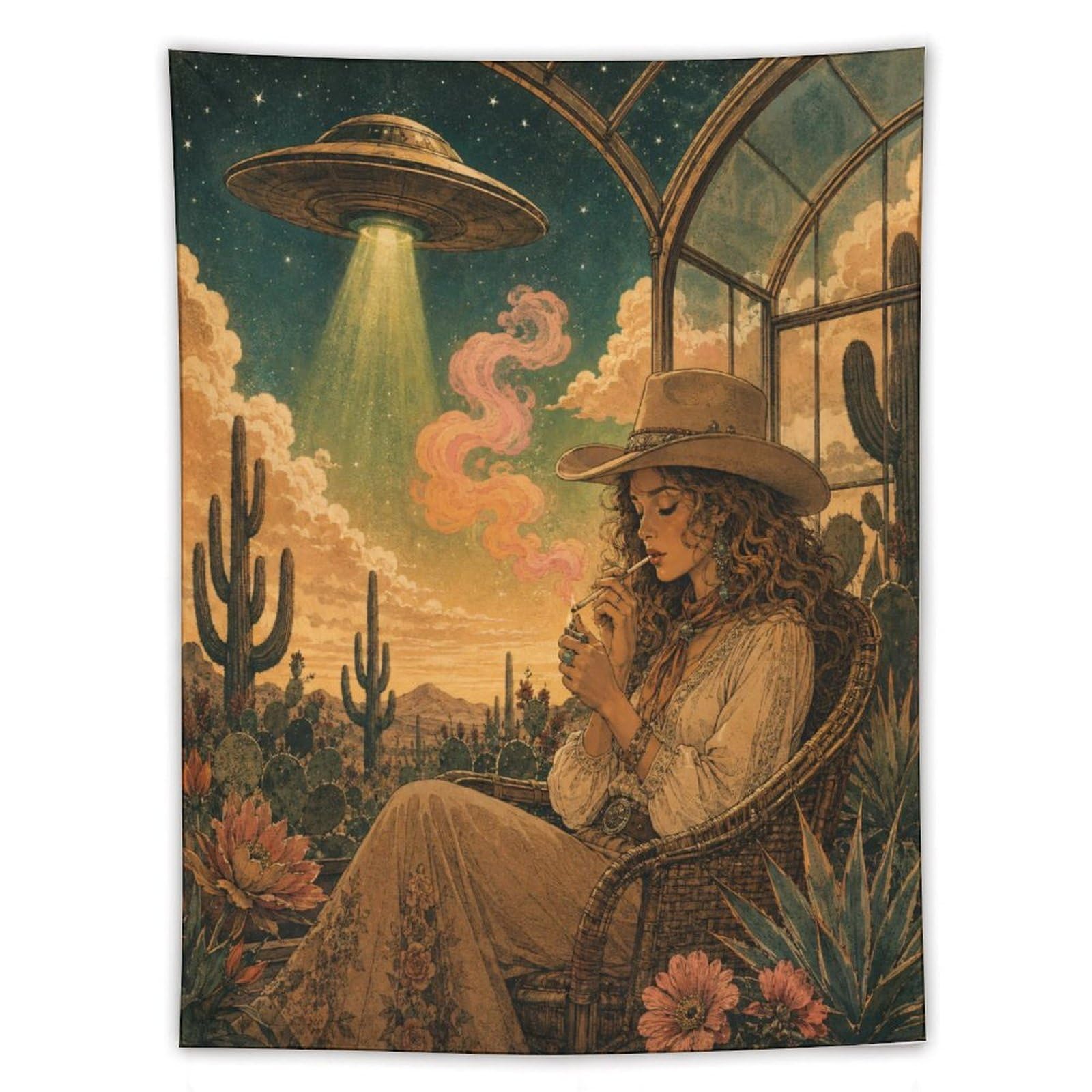 H3B8U2Y5 UFO Cowgirl Cactus Garden Wall Tapestry, Surrealist, Bedroom