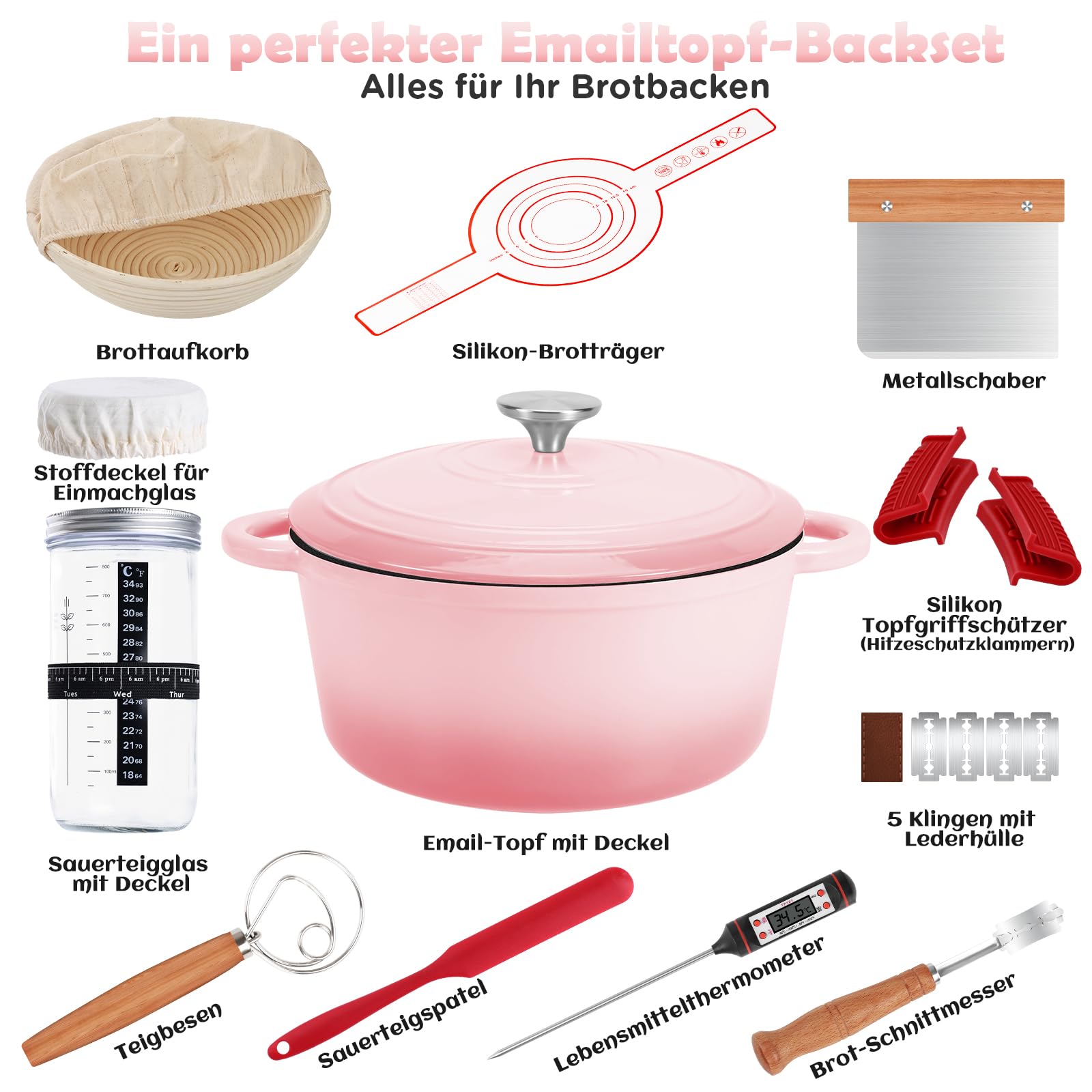 NZQXJXZ 26cm Gusseisen Topf Brot Backen 4,7L, Emaille Brotbackform mit Deckel & Garkorb Komplettset, Kirschrot, 2-in-1 Schmortopf ofenfest 500°C