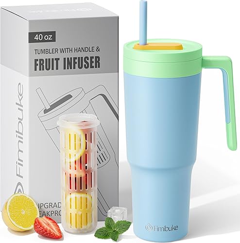 Fimibuke Vaso de 40 onzas con asa e infusor de frutas, taza aislada al vacío de acero inoxidable con tapa a prueba de fugas y 2 popotes, botella de