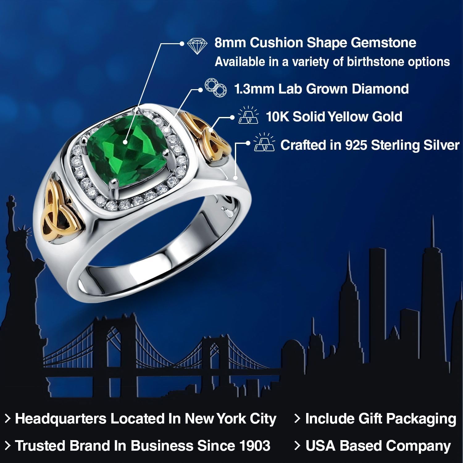 Gem Stone King 8MM Cushion Cut Ring for Men | Gemstone Birthstone and Lab Grown Diamond | 925 Sterling Silver & 10K Yellow Gold | Available in Sizes 7-13