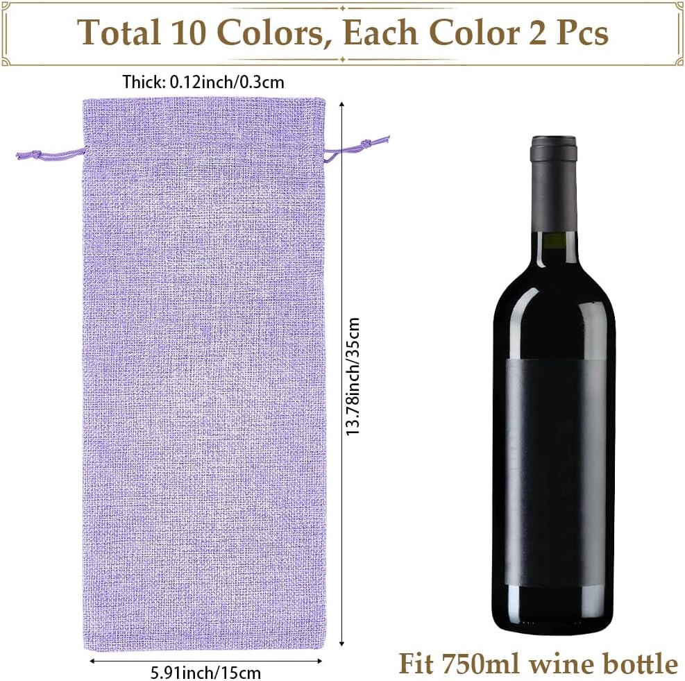 Beebeecraft 20Pcs Burlap Wine Bags with Drawstring 5.9 x 13.8 Inch 10 Colors Wine Bottle Packing Pouches for Wedding Festival Tasting Party Favors