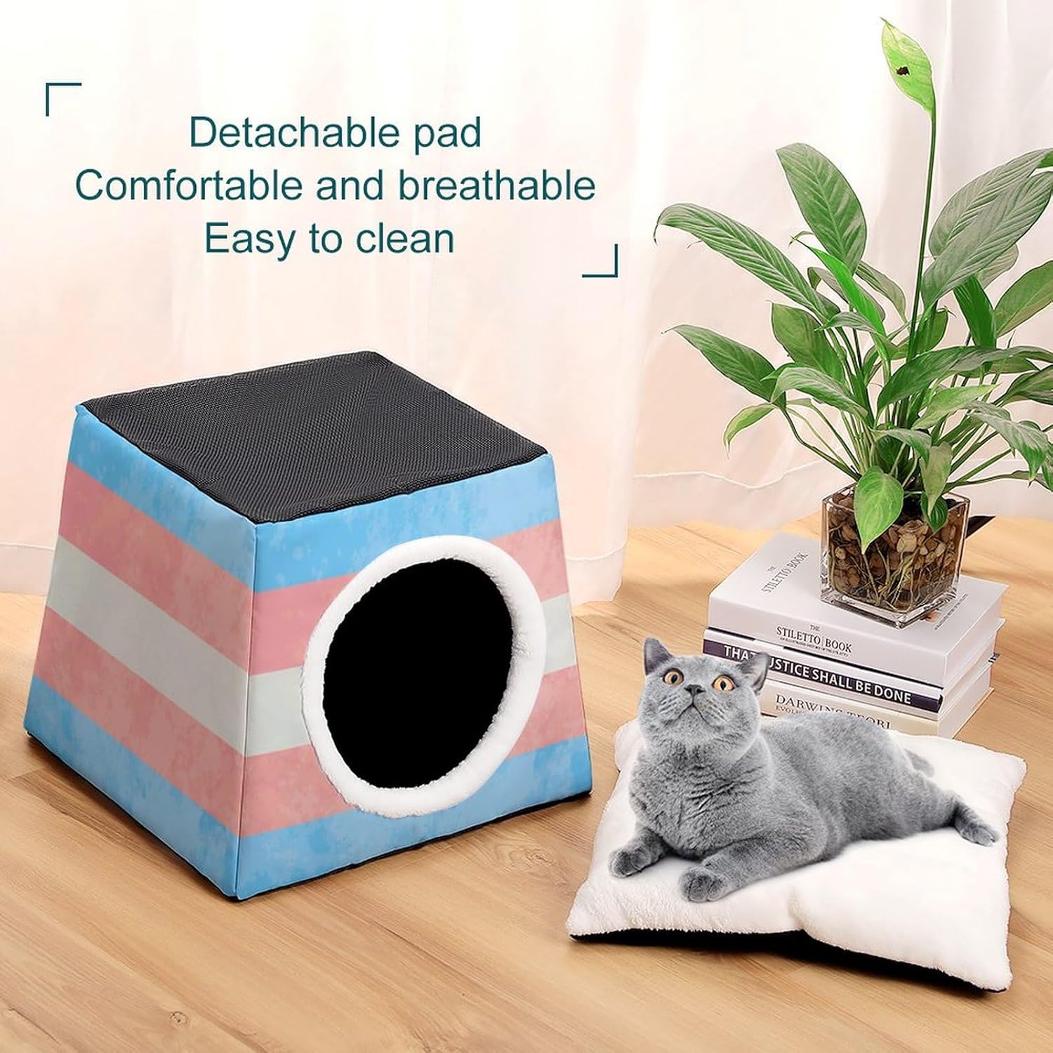 Generic Transgender Pride Flag Sign Cat House for Indoor with Spacious Cat Nest, style-18-1-1