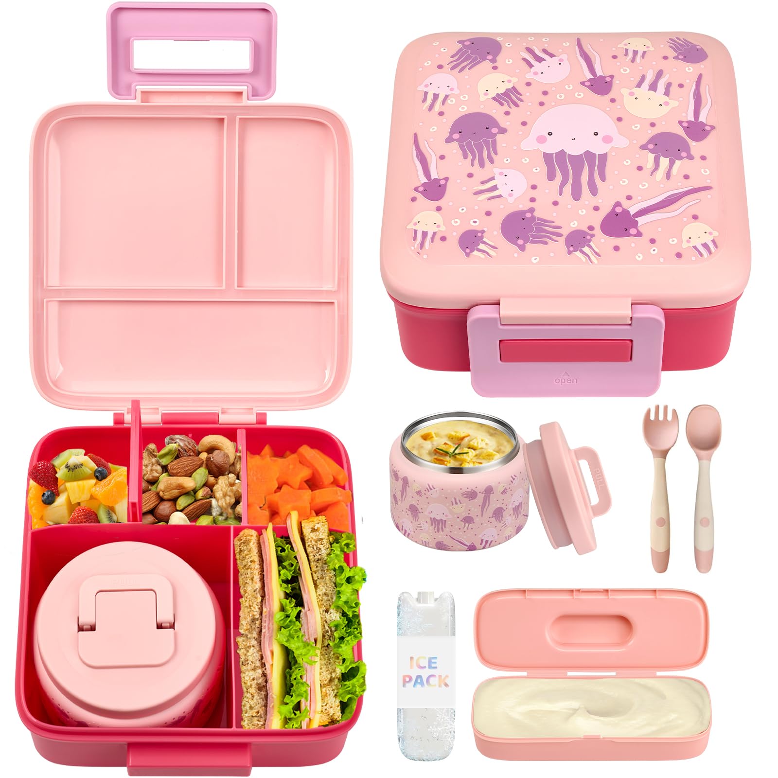 JXXM Bento Lunch Box for Kids with 8oz Soup Thermo,Leak-Proof Lunch Containers with 5 Compartment,Thermo Food Jar Food Containers for School (Pink-Jellyfish)