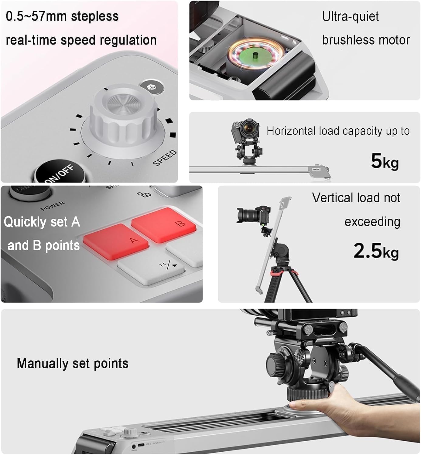 Slider motorizzato per fotocamera con carrello panoramico a 125°, controllato da app per time-lapse e video, controllo della velocità di precisione, supporta 2,5-5 kg per riprese fluide