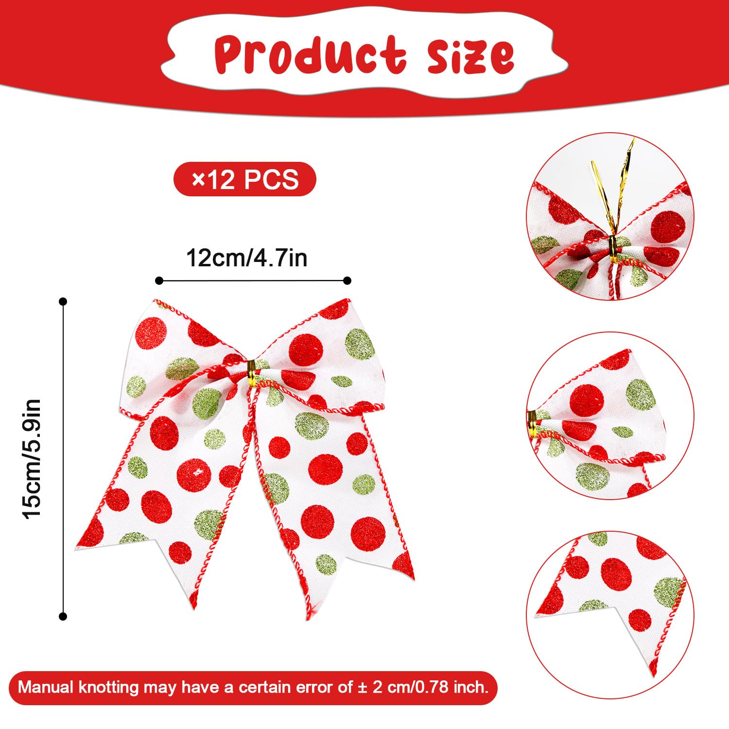 12pcs Christmas Bows Decoration, Xmas Tree Dot Bows Fashionable Bows Wreaths Ornaments Dot Bows Ribbons Ornaments for Christmas Tree Home Wedding Party Decor(White)