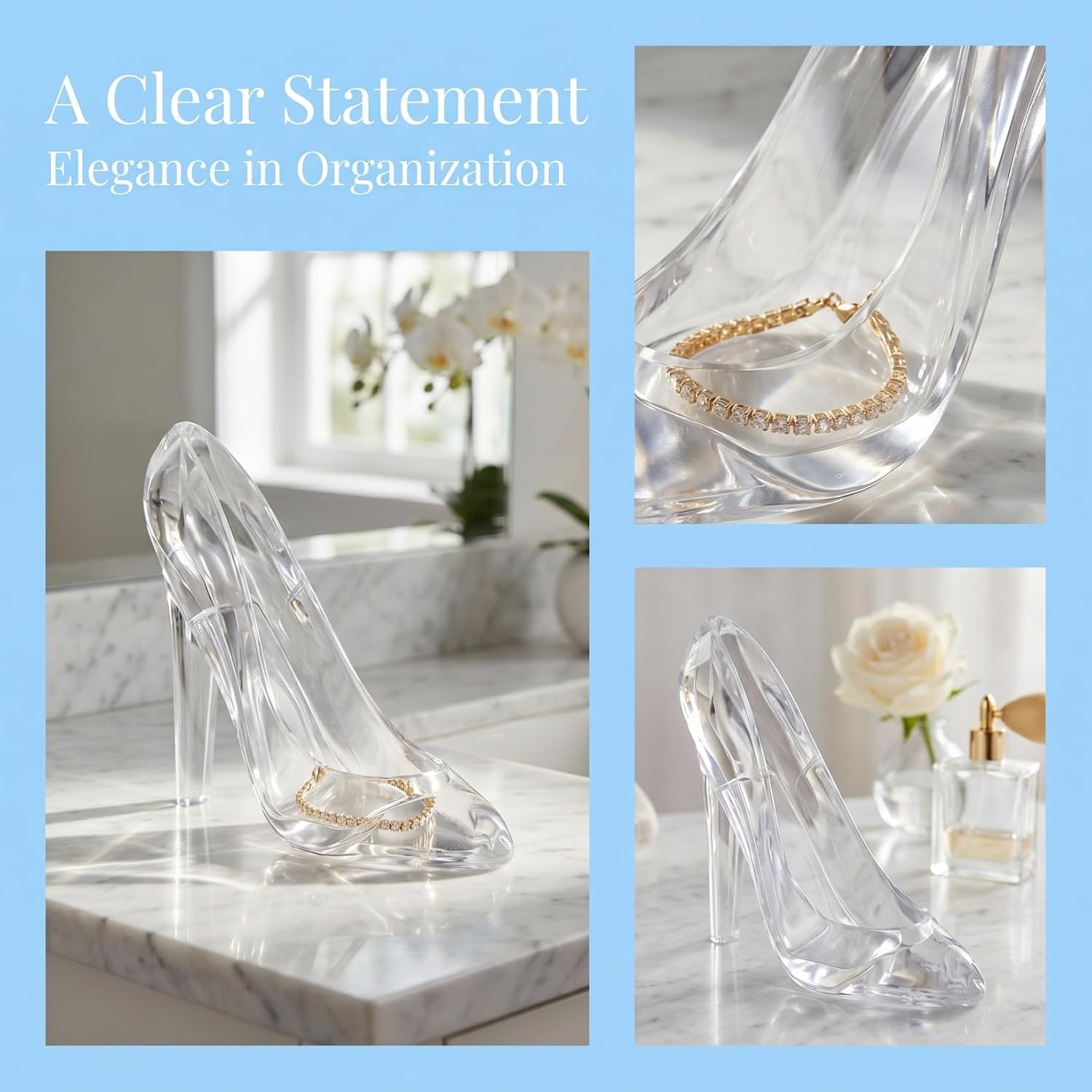 KALLORY Acrylic Fairy Tale Crystal Shoe Jewelry Storage Box Desktop Organizer for Trinkets and Rings, 128mm Height X 116mm Width X 52mm Depth
