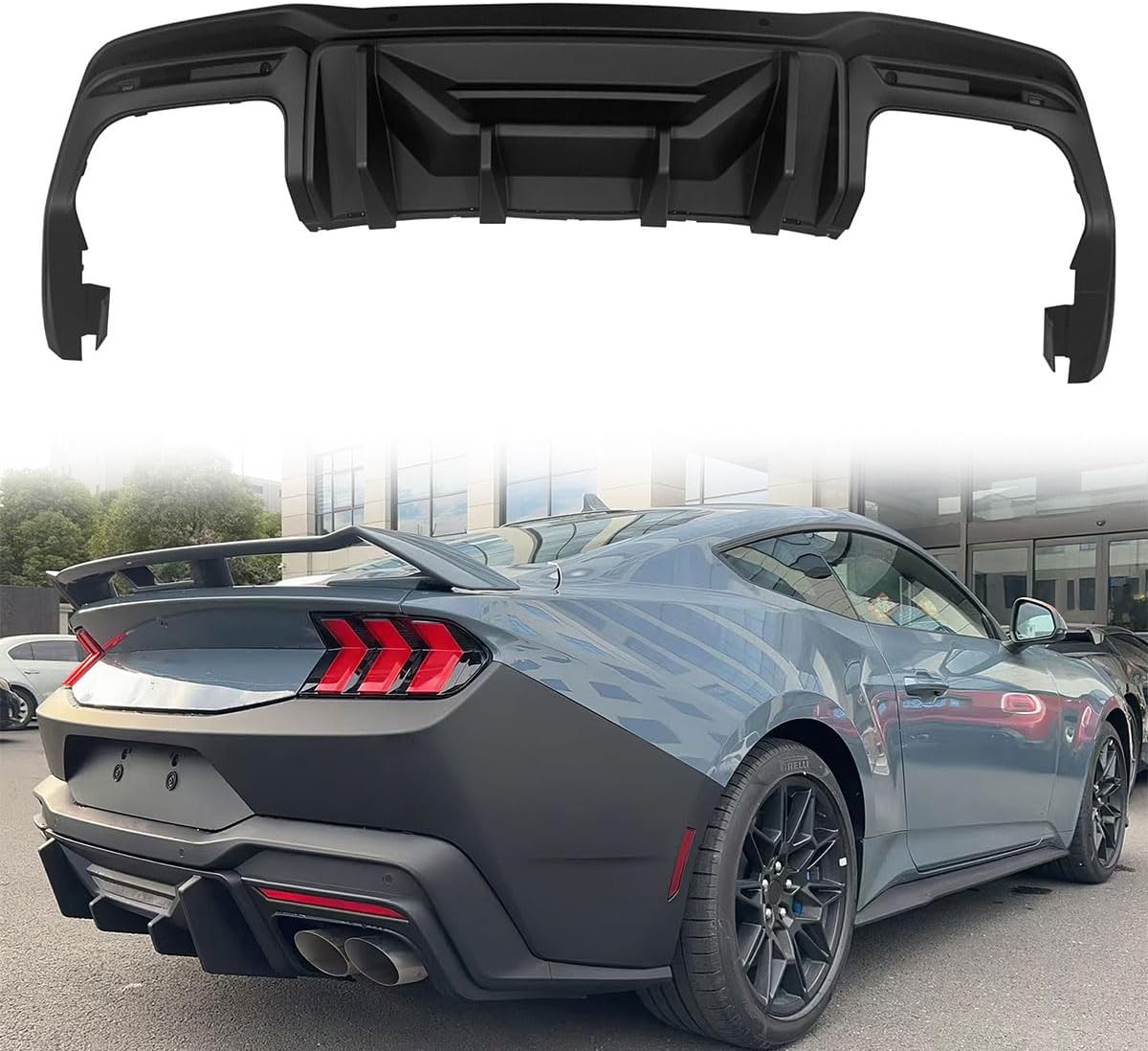 Custom Fit Rear Diffuser Compatible with 2024-2026 Ford Mustang All Models Except GTD, Rock Style PP Rear Bumper Lip Splitter Spoiler Matte Black