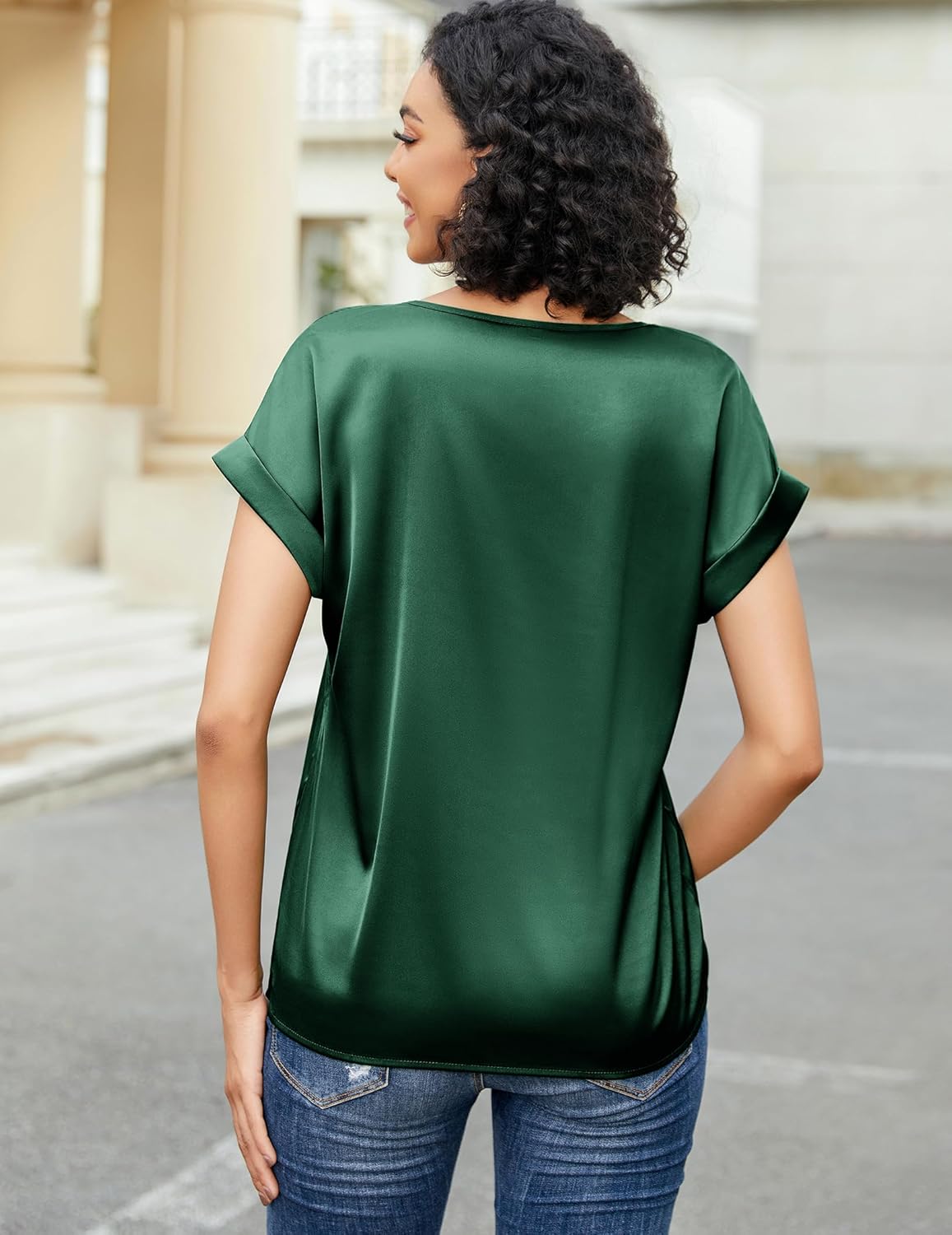 HOTOUCH Women's Short Sleeve Pullover Blouses Satin Silk Shirts Casual Loose Work Tunic Tops - Image 3