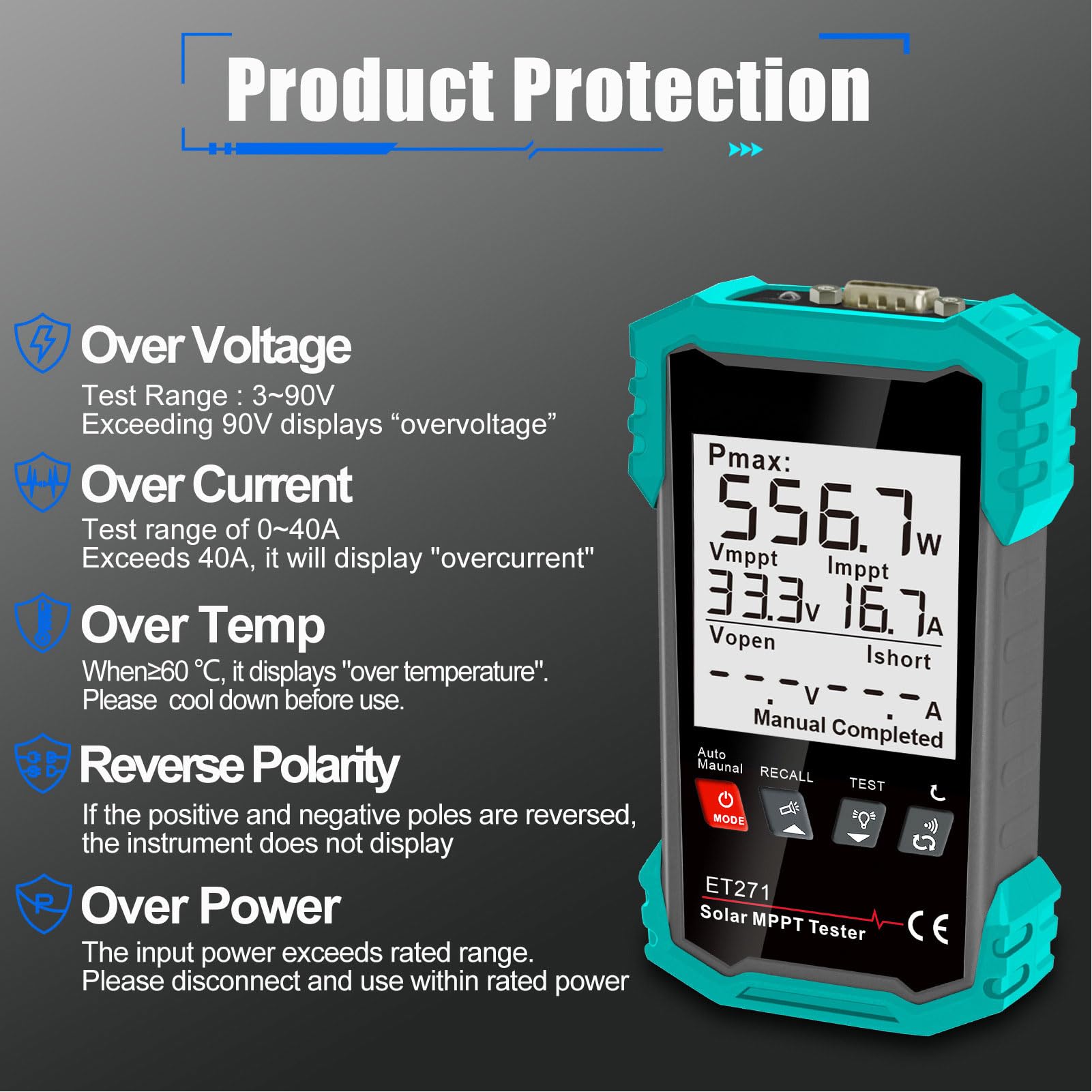 Ejoyous Tester per Pannelli Solari da 2000 W, Multimetro Fotovoltaico MPPT con Display LCD per Tensione a Circuito Aperto e Rilevamento Guasti nei Sistemi Solari
