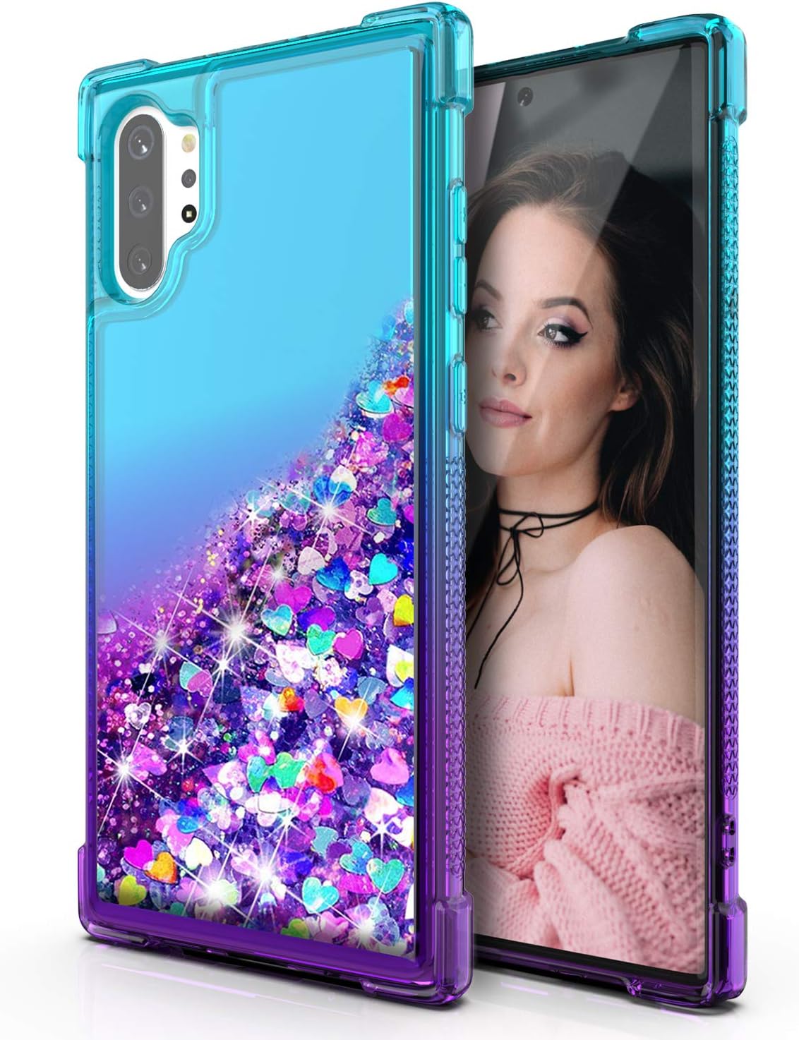 QQCASE Galaxy Note 10 Plus Case,Three Layer Hard Clear Glitter Sparkle 3D Flowing Heavy Duty Sturdy Shockproof Protective Bling Case for Samsung Galaxy Note 10 Plus (2019 Release) Pink