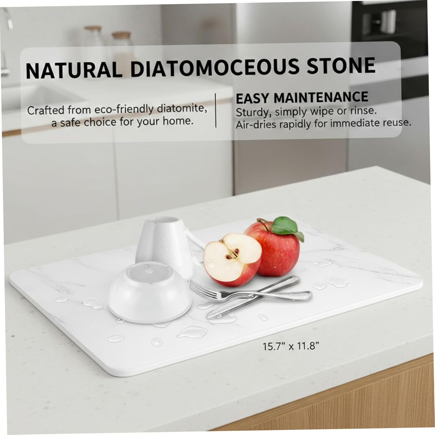 Stone Drying Mat for Kitchen Counter, Quick Dry Stone Mat 15.8x11.8 Inch, Diatomite Absorbent for Dishes & Cups, White Marble Design, Decorazione