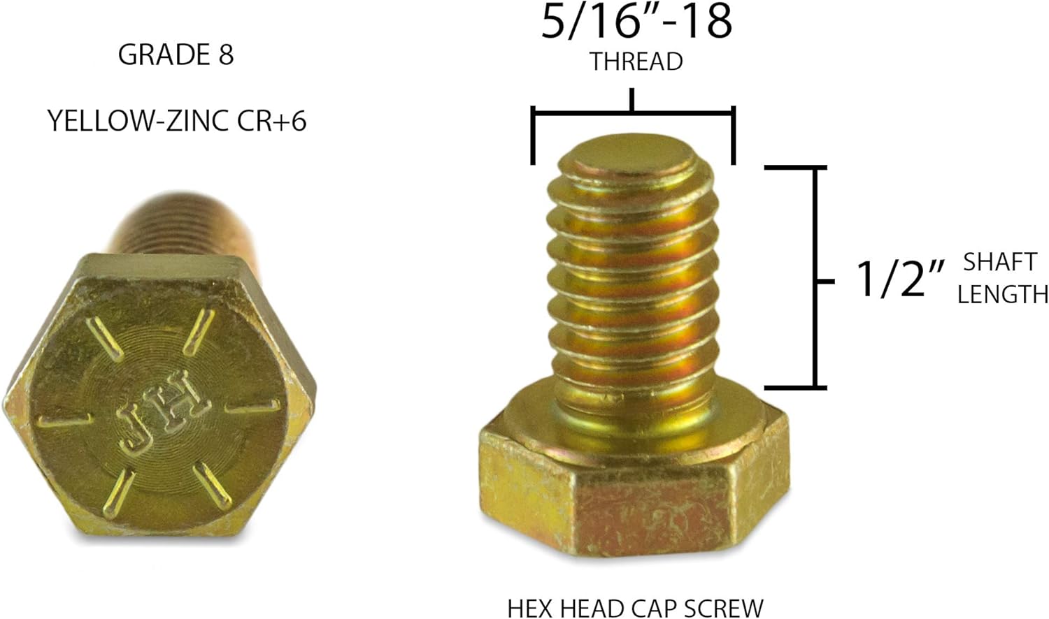 5/16"-18 X 1/2 Inch Bolts Hex Head Cap Screw, Grade 8, Full Thread (FT), COARSE, Yellow-Zinc (100 Bulk Pack)