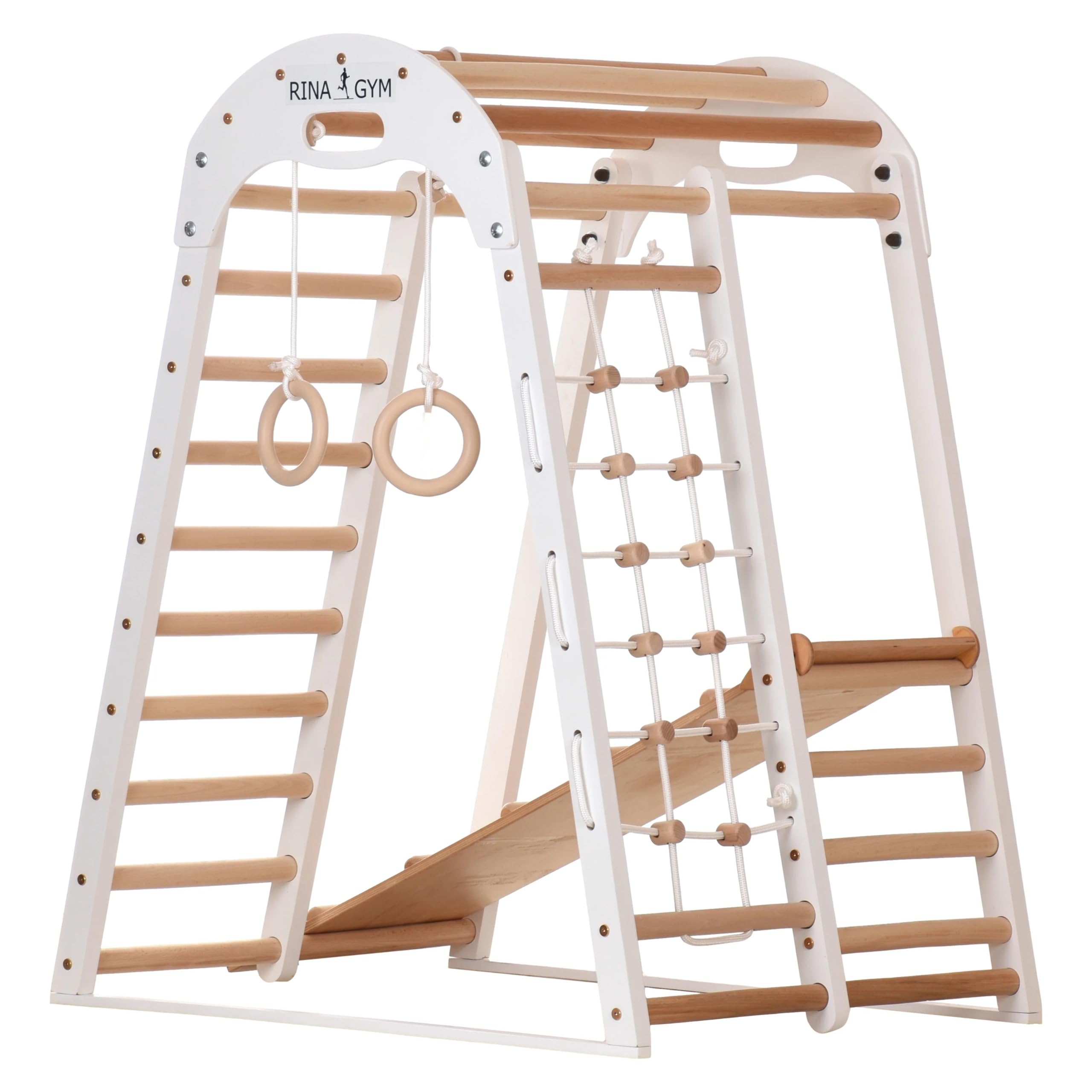 Kompaktes Indoor-Klettergerüst für Kinder & Erwachsene – Sprossenwand, Netz & Ringe – Heimtraining (EN 913) (kid2 Weiß)