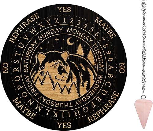 Miniatura 10 de AHANDMAKER Tabla de péndulo de bruja de 7.8 pulgadas, plancha de madera para radiestesia con péndulos de cristal de cuarzo rosa, herramientas de