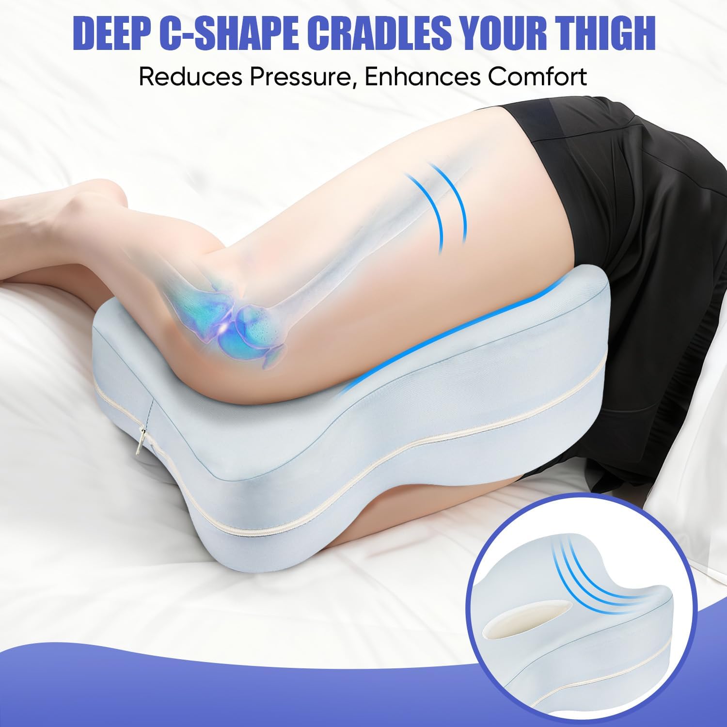 Lengthened Knee Pillow for Side Sleepers Fully Support Thighs and Knees, Breathable Leg Pillow for Side Sleeping,Plush Support Memory Foam Soothing Relief for Hips, Knees, Joints, Nerves & Muscles
