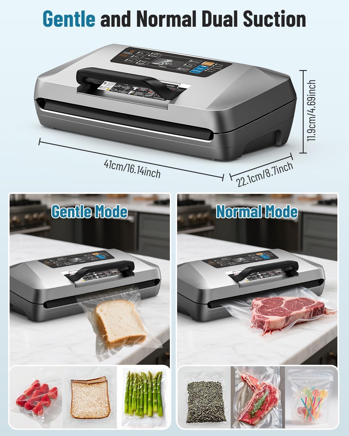 Machine Sous Vide Alimentaire Professionnelle 95 kPa, 12 en 1 Sous Videuse Alimentaire avec Rangement pour Sacs, Coupe-sac Intégré, 1 Rouleaux de sac et 10 Sacs Prédécoupés