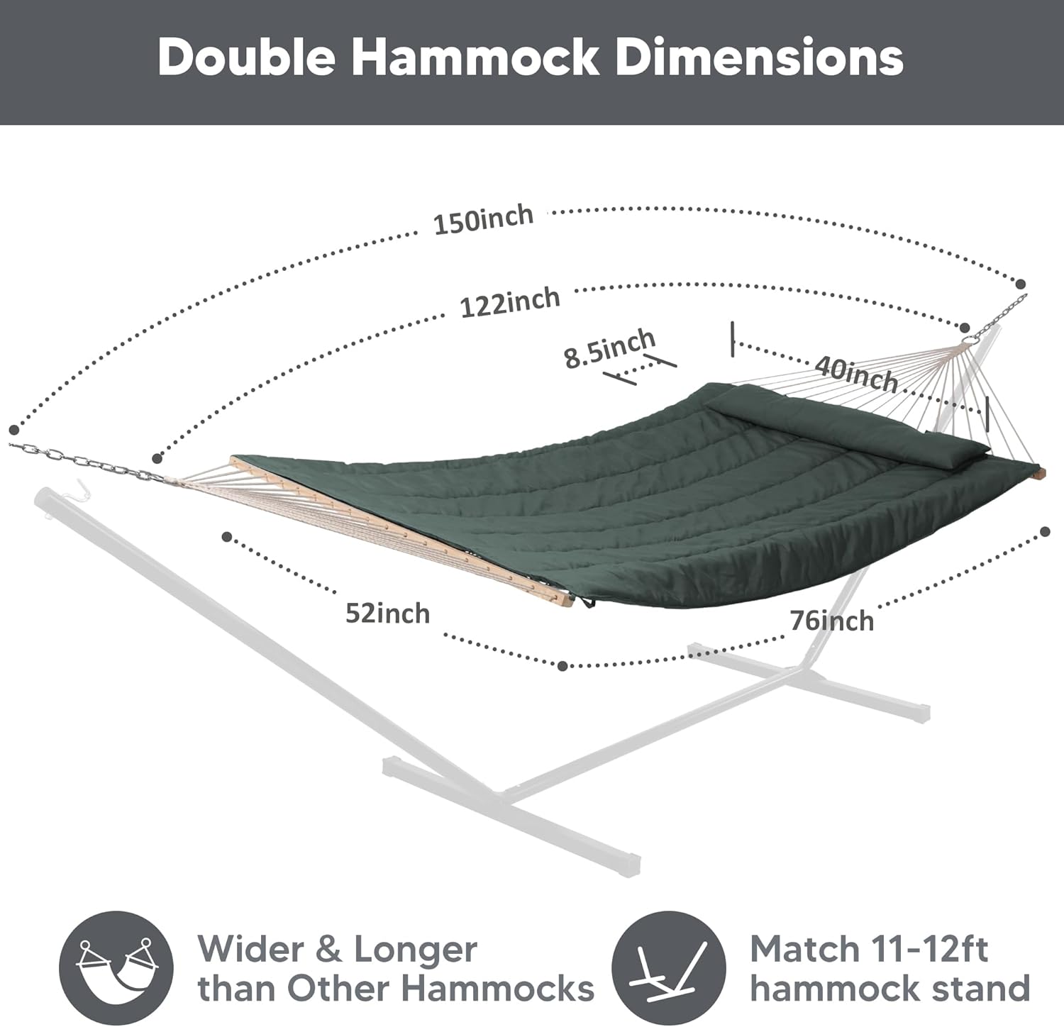 SUNCREAT Hammocks Replacement Hammock for Stand, 475 lbs Capacity, Two Person Backyard Hammock with Pad for Outside, Green Gray