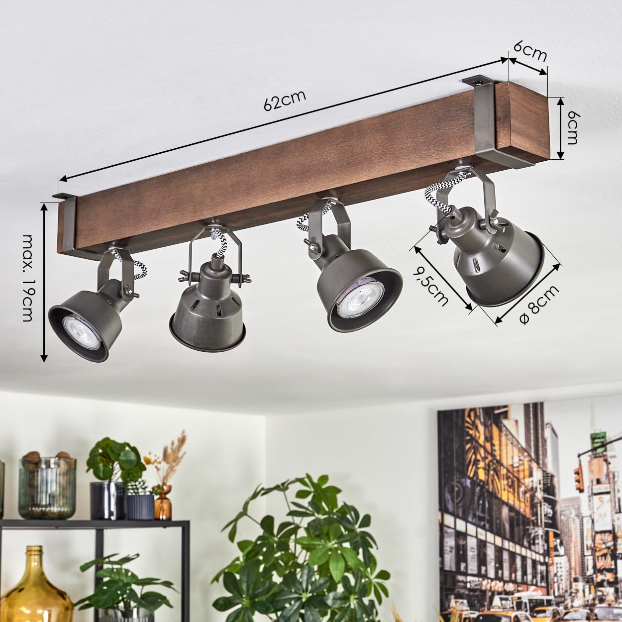 HOFSTEIN Deckenleuchte Pehefito, 4-flammige Deckenlampe aus Metall/Holz in Grau/Dunkelbraun, verstellbare Leuchte im Industrial/Retro/Vintage-Design mit Holzbalken, GU10, Esszimmer, Wohnzimmer, Küche