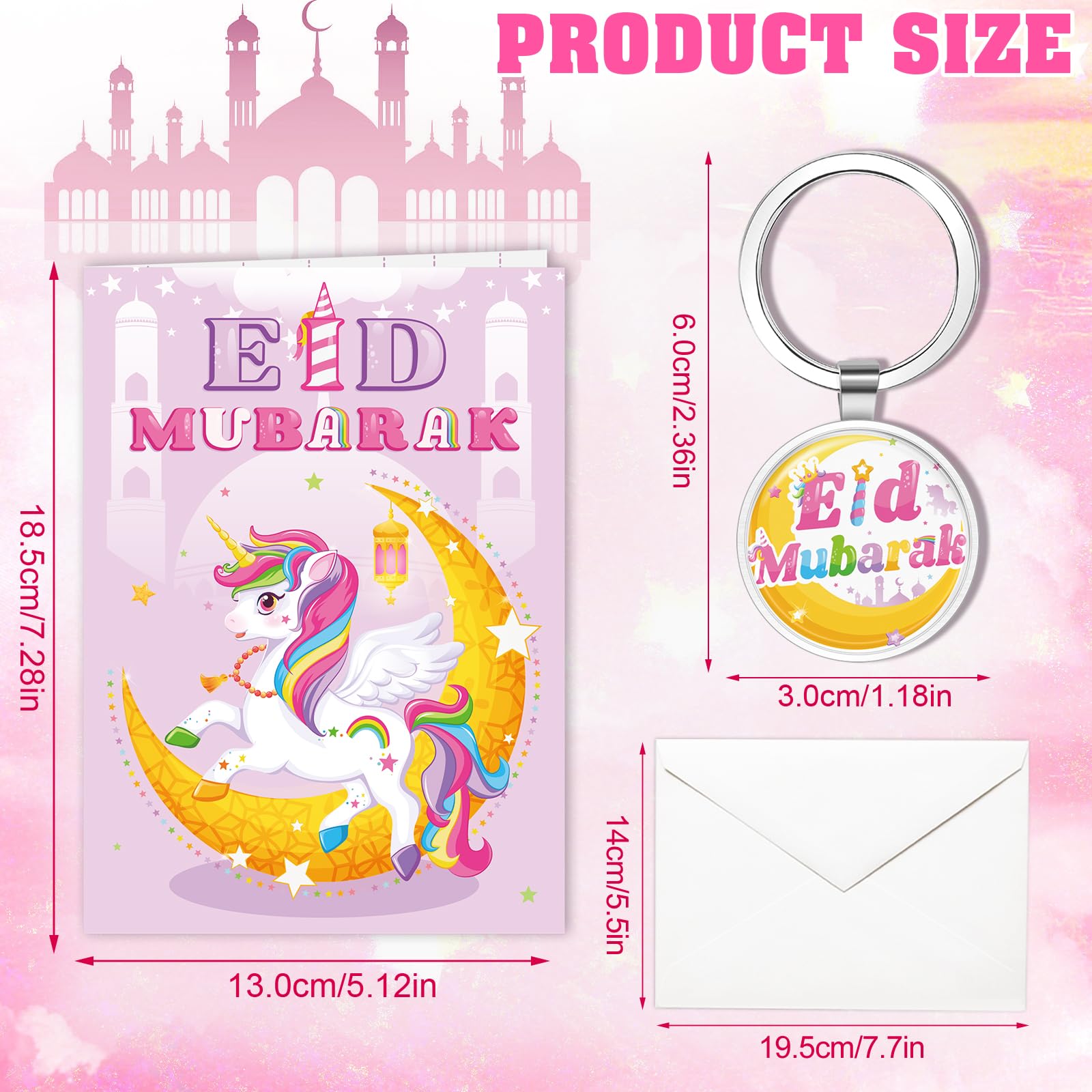 DPKOW Unicorn Eid Mubarak Card with Envelope, Eid Gift for Kids Unicorn Eid Mubarak Keyring - Image 2