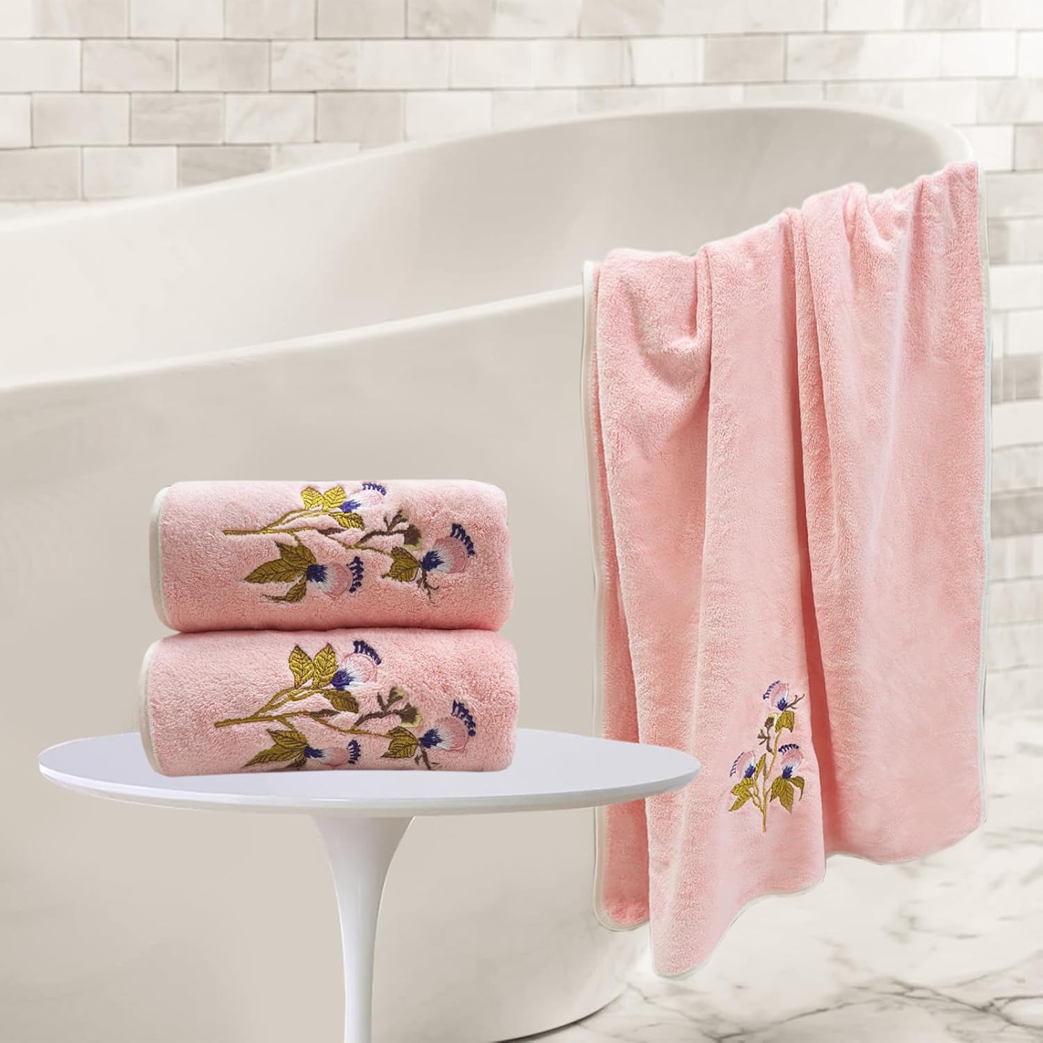 Pink Butterfly Floral Bath Towels Set Soft Coral Velvet Cute Flower Pattern Towels for Bathroom Highly Absorbent & Quick Drying Washcloth for Shower Kitchen Spa Guest(Pink)