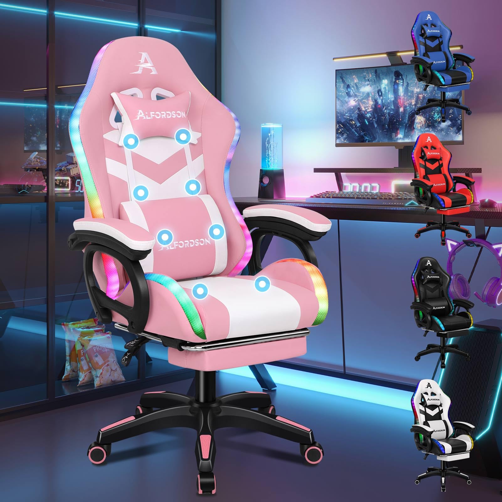 ALFORDSON Sedia da Gaming da Corsa, Sedia da Gaming per Massaggi con Illuminazione RGB a 12 LED Colorati, Poltrona Ergonomica con Supporto Lombare, Sedia a Sdraio con Poggiapiedi, Pelle PU, Rosa