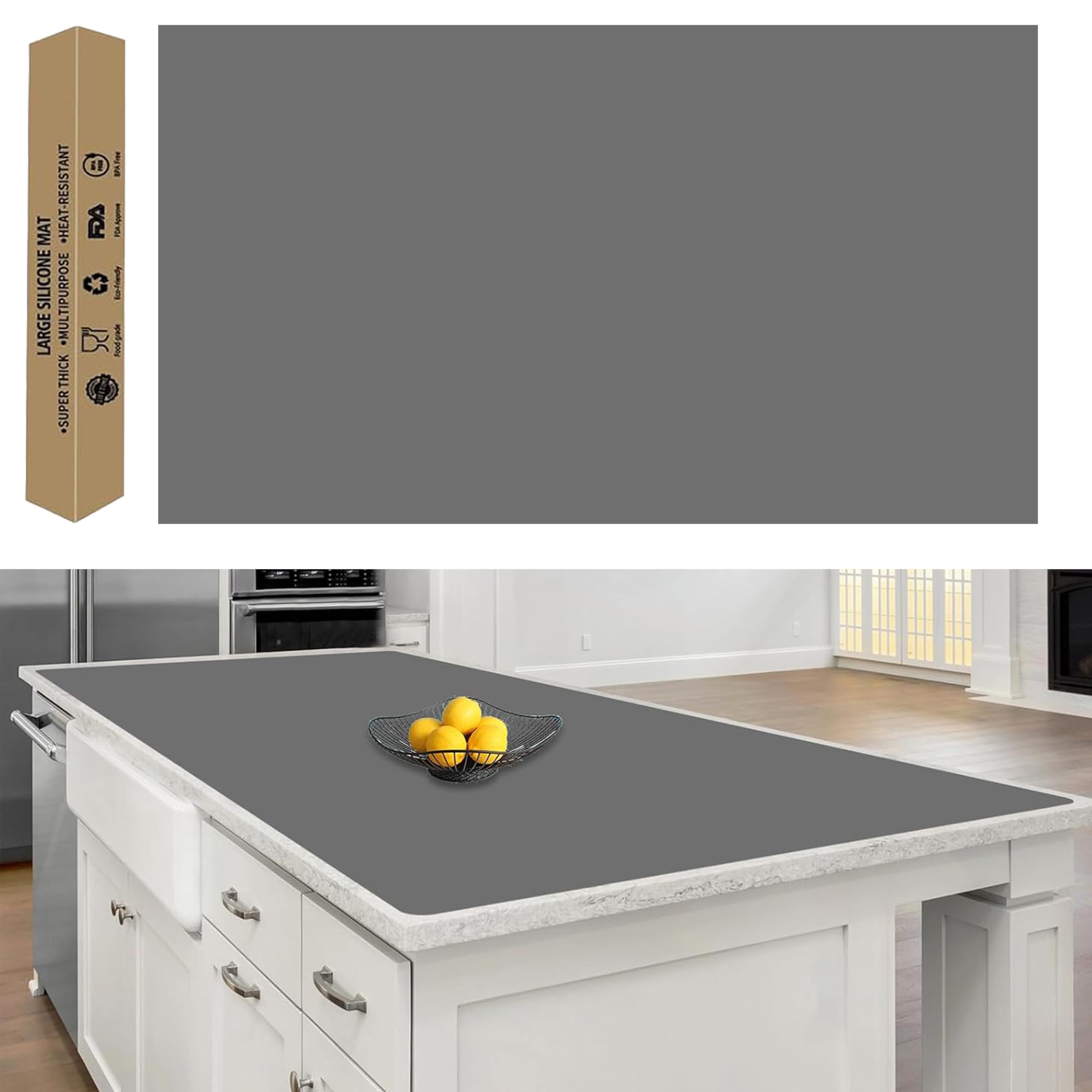 72''x36''(180cmx90cm) Extra Large Silicone Mat for Kitchen Counter, Heat Resistant Countertop Protector, Non-Slip Waterproof Kitchen Island Mat, Easy to Clean, Dark Gray